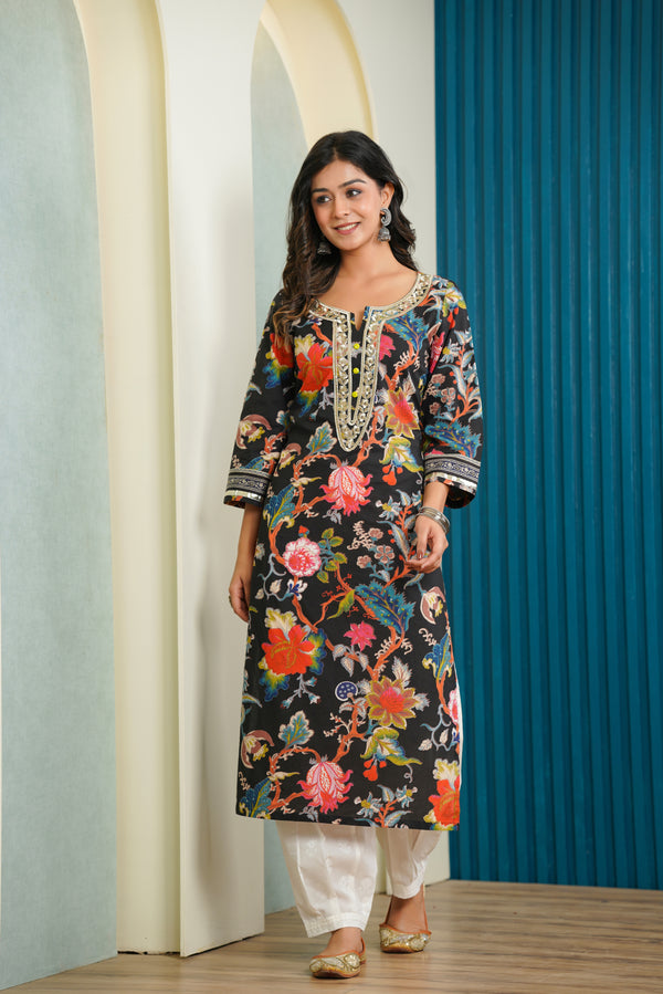 Embroidered Black Floral Cotton Kurta