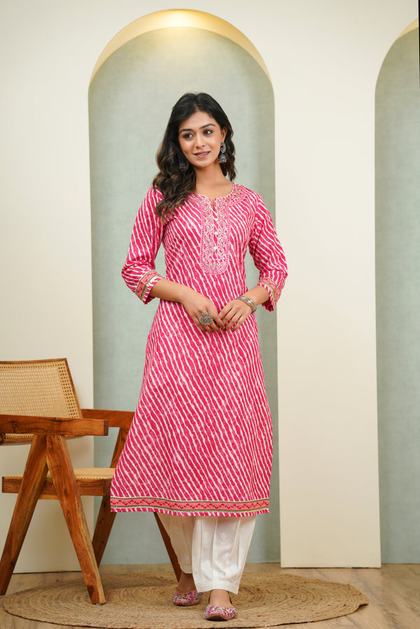 Embroidered Rani Leheriya Cotton Kurta