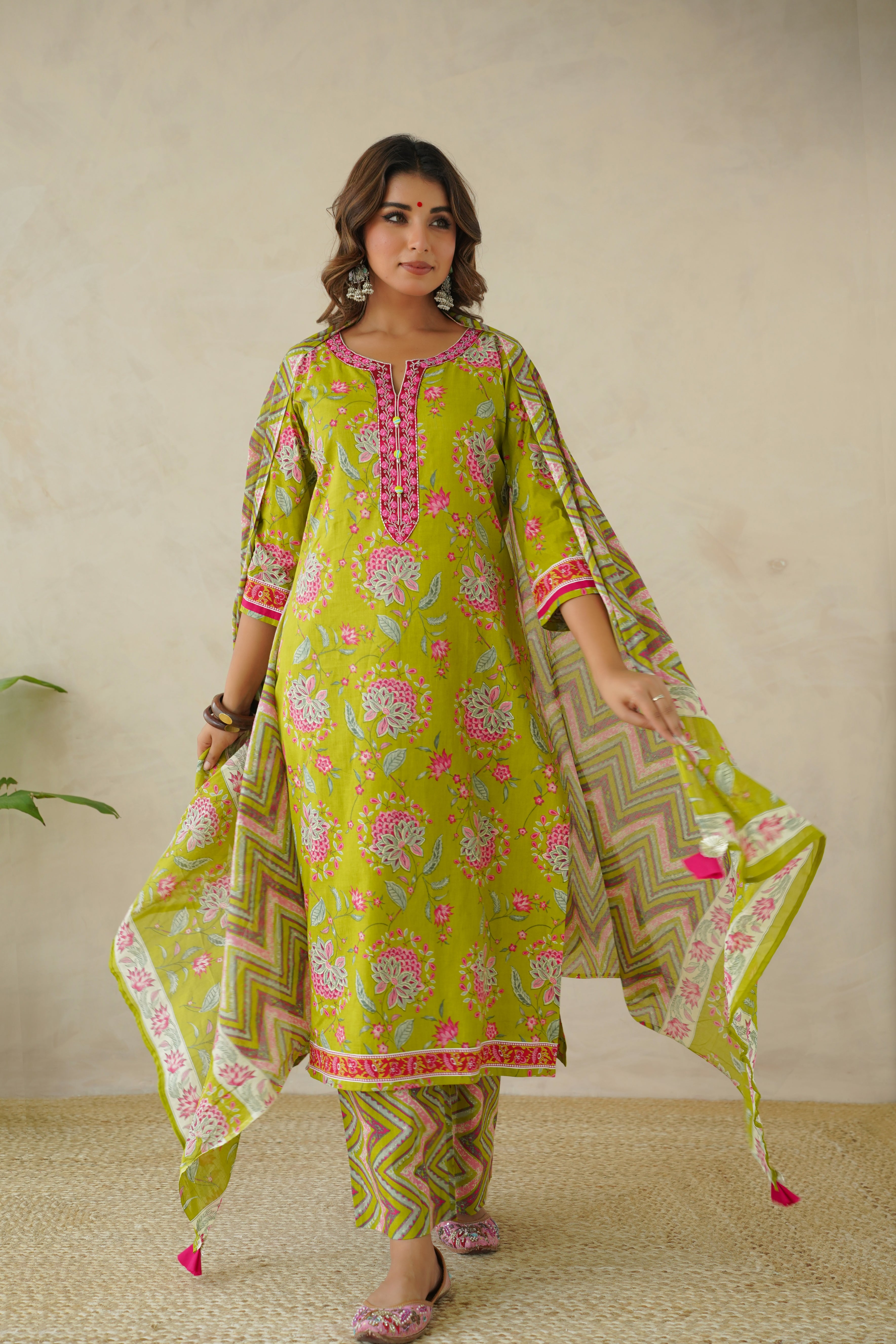 Green Floral Printed Suit Set