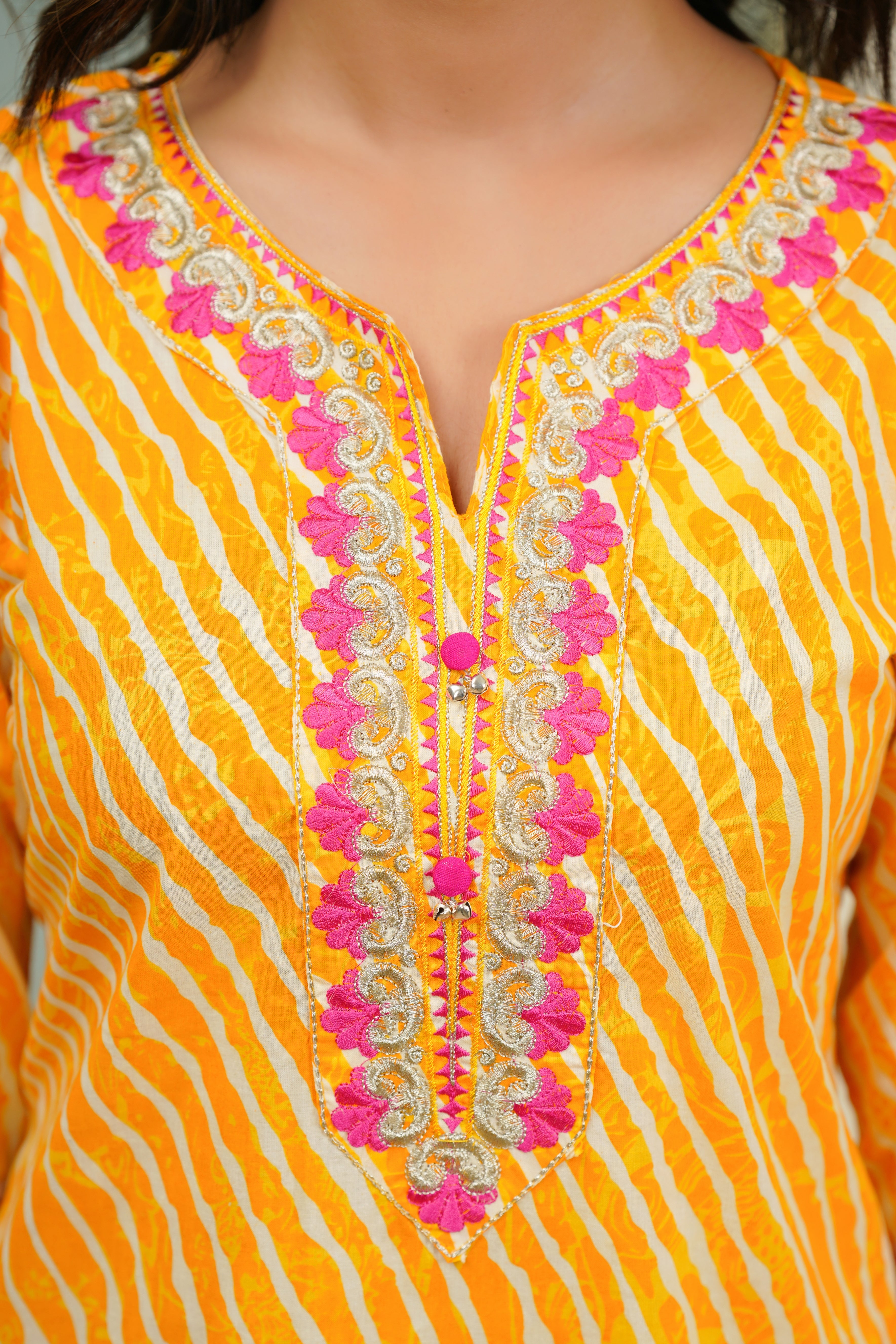 Embroidered Yellow Leheriya Cotton Kurta