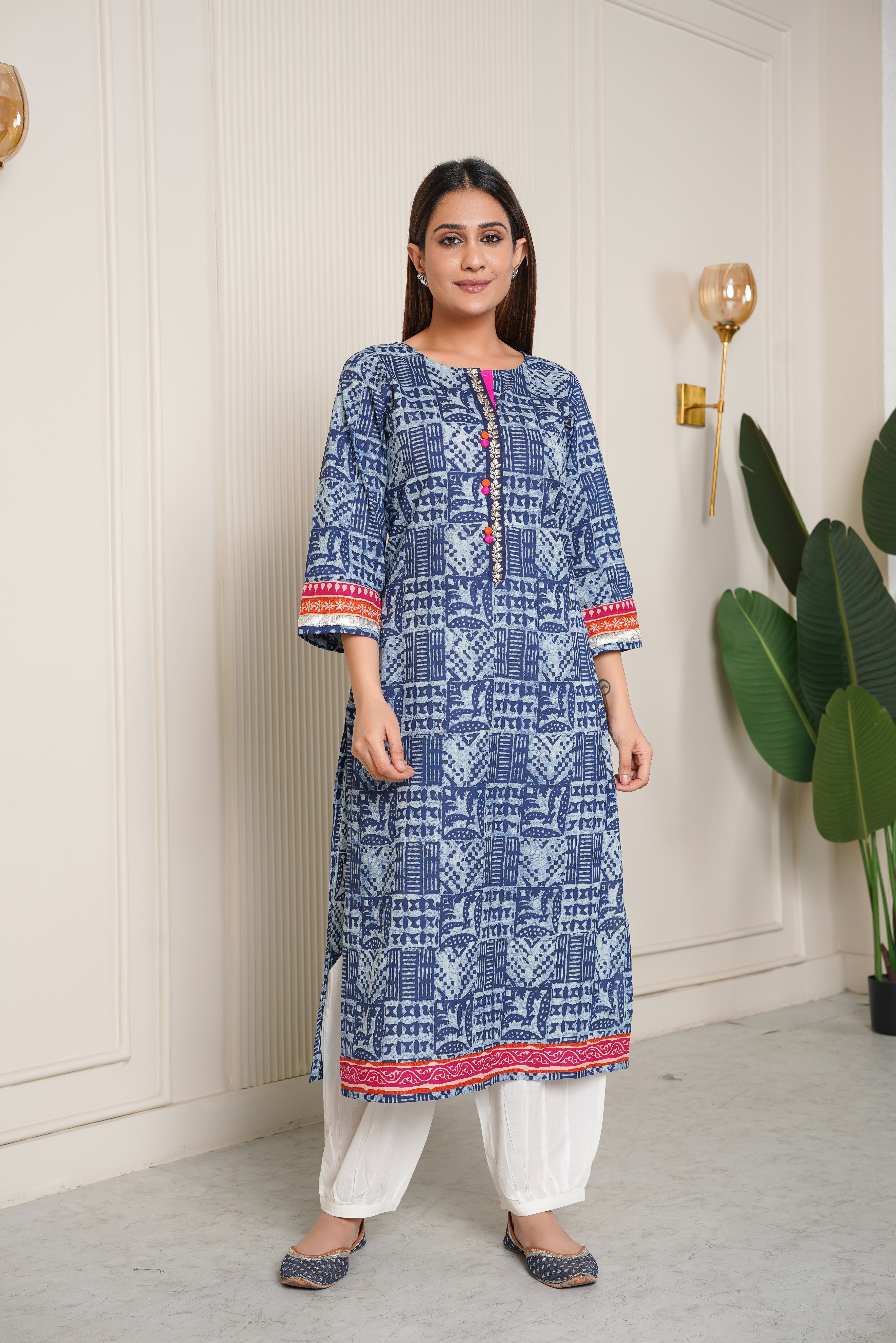 Indigo Geometric Printed Cotton Kurta