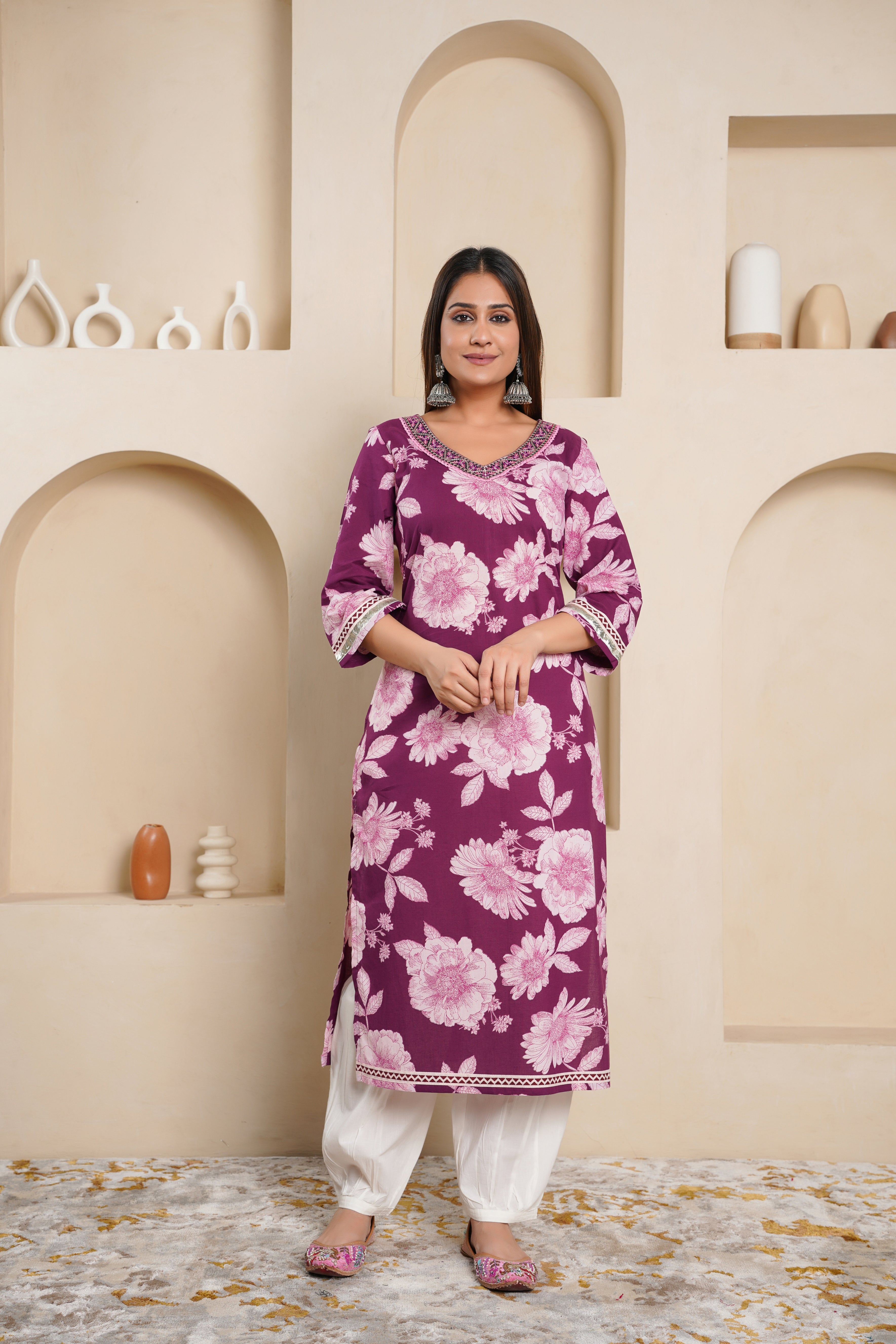 Purple Embroidered Floral Printed Cotton Kurta