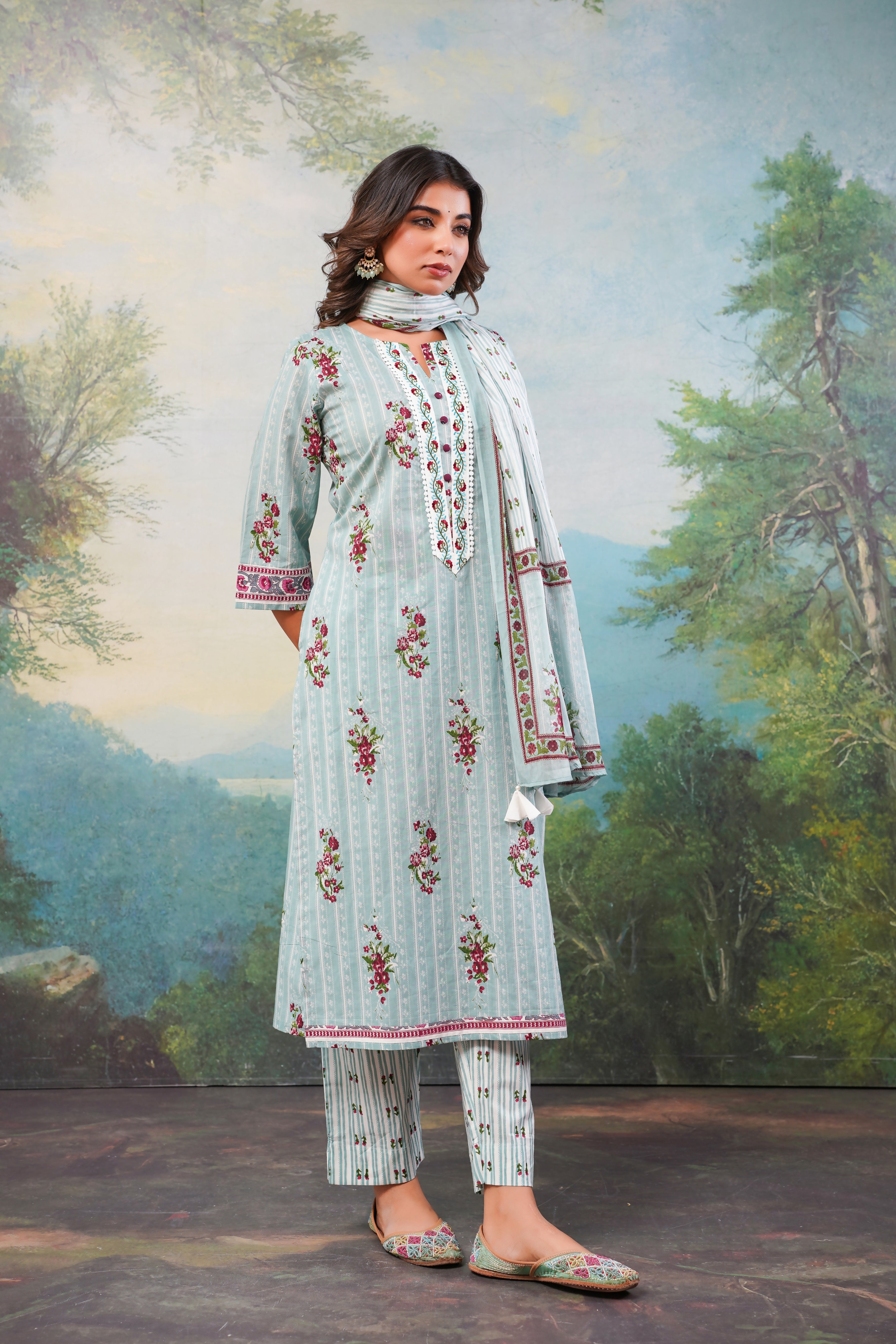 Blue Stripes  Printed Cotton Suit Set