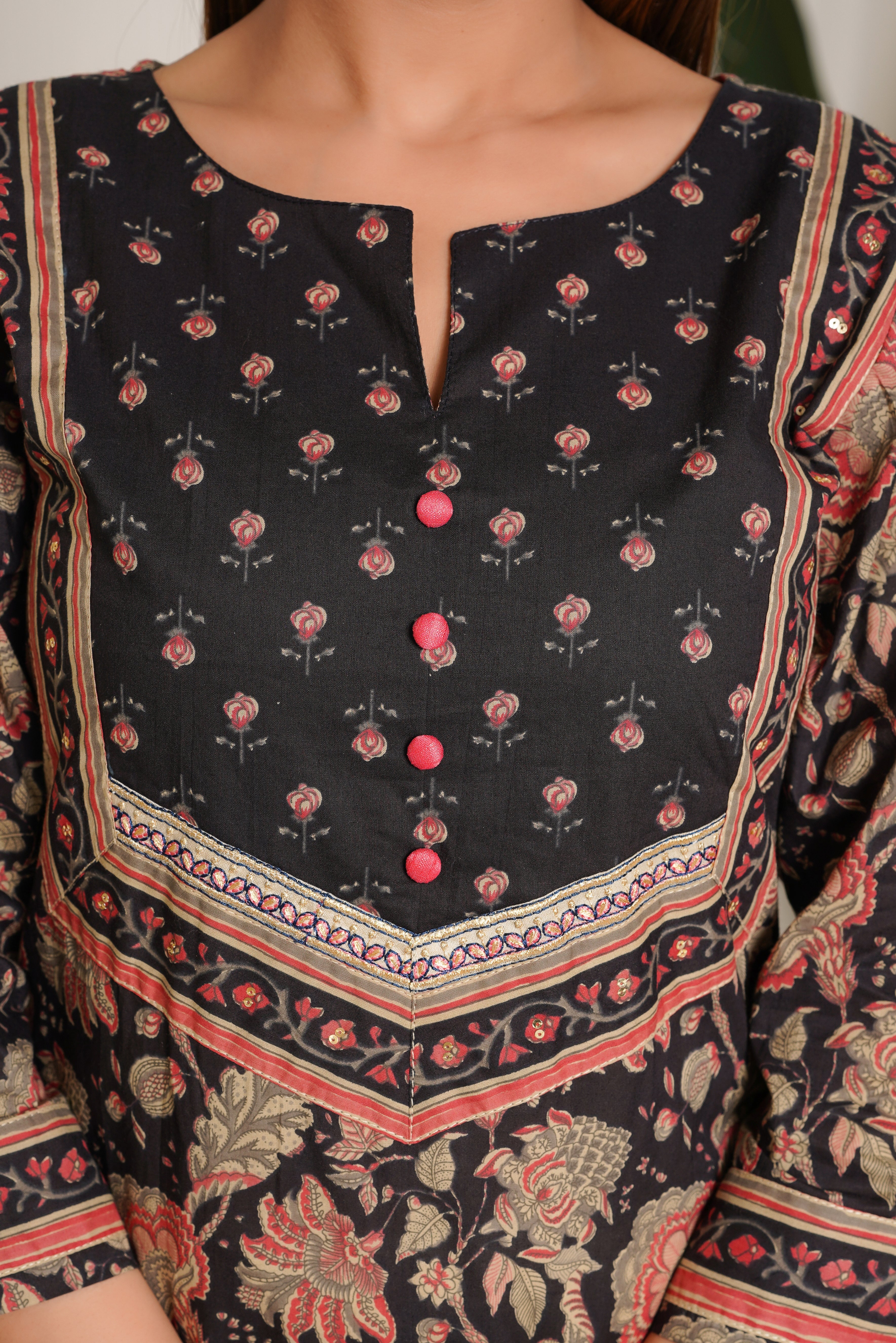 Black Floral Printed Cotton Kurta