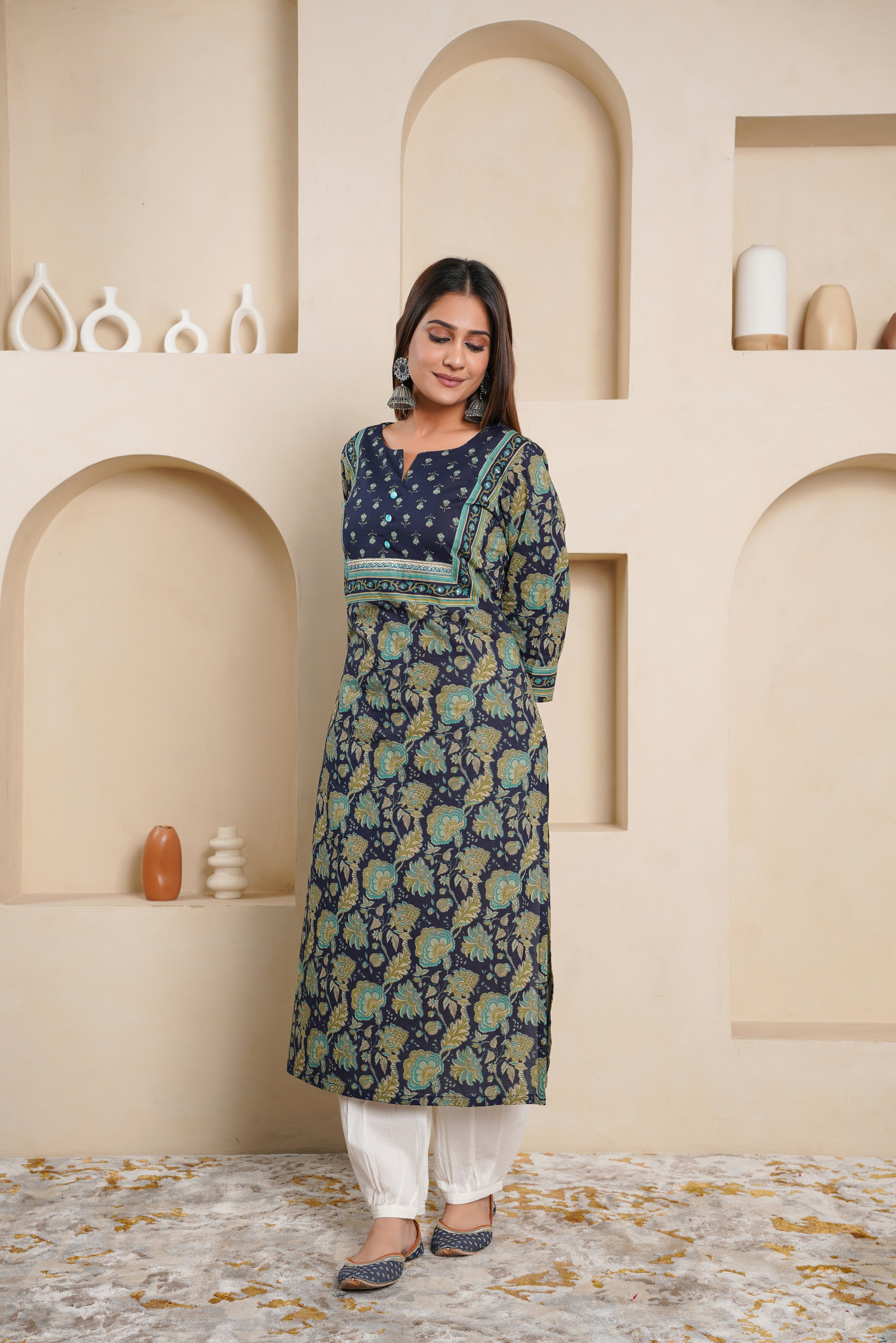 Blue Floral Printed Cotton Kurta