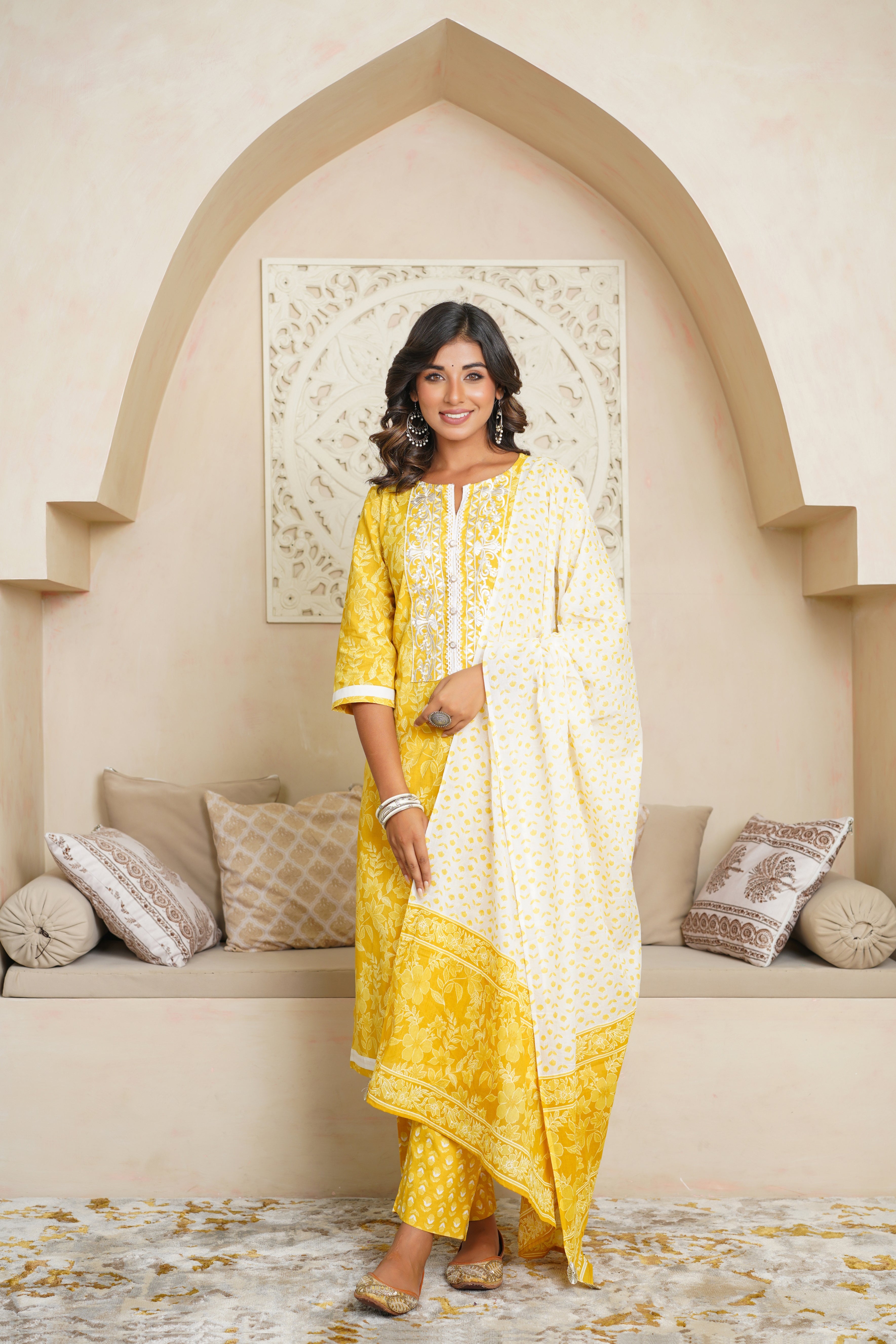 Yellow Floral Cotton Suit Set