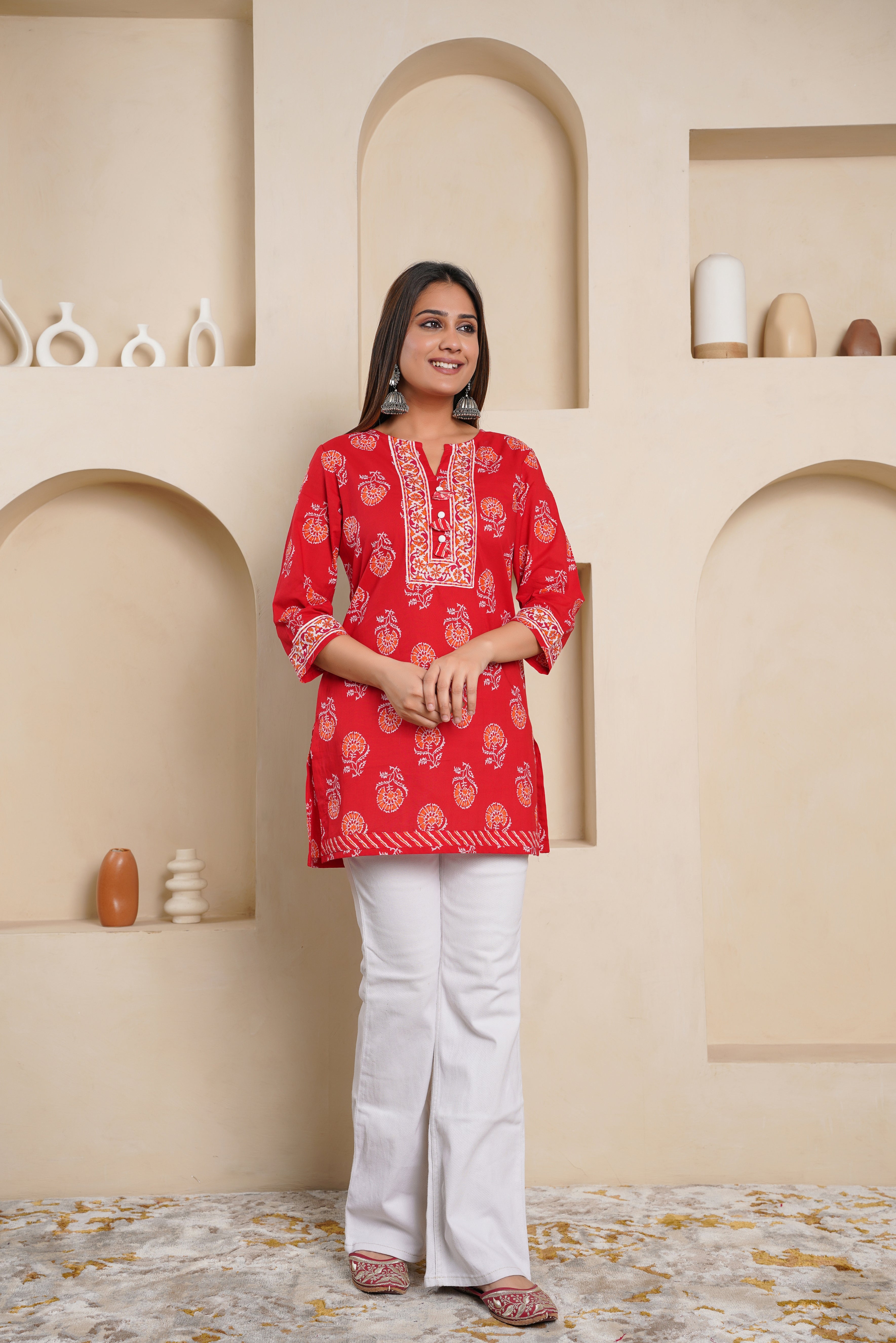 Red Floral Printed Cotton Kurti