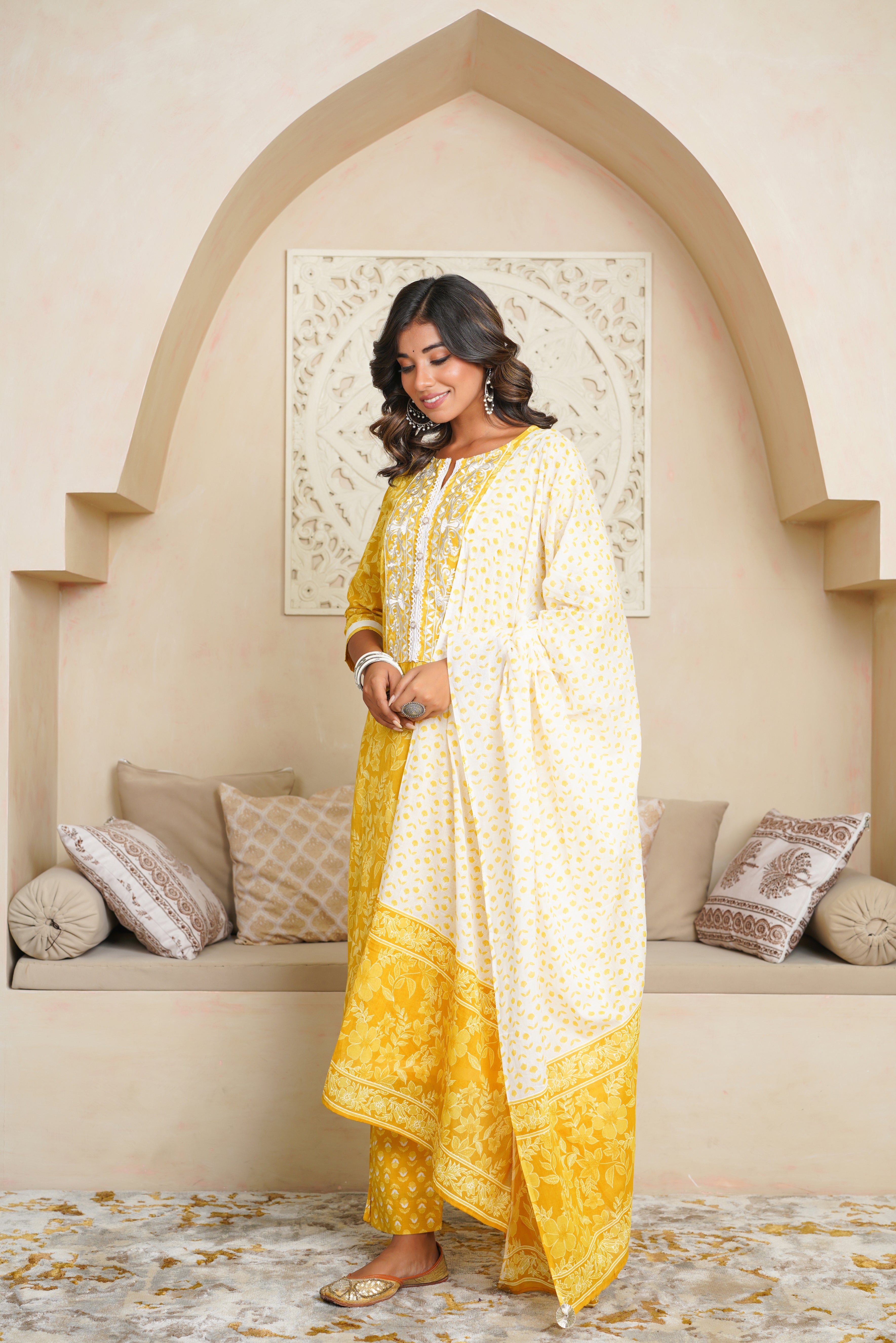 Yellow Floral Cotton Suit Set