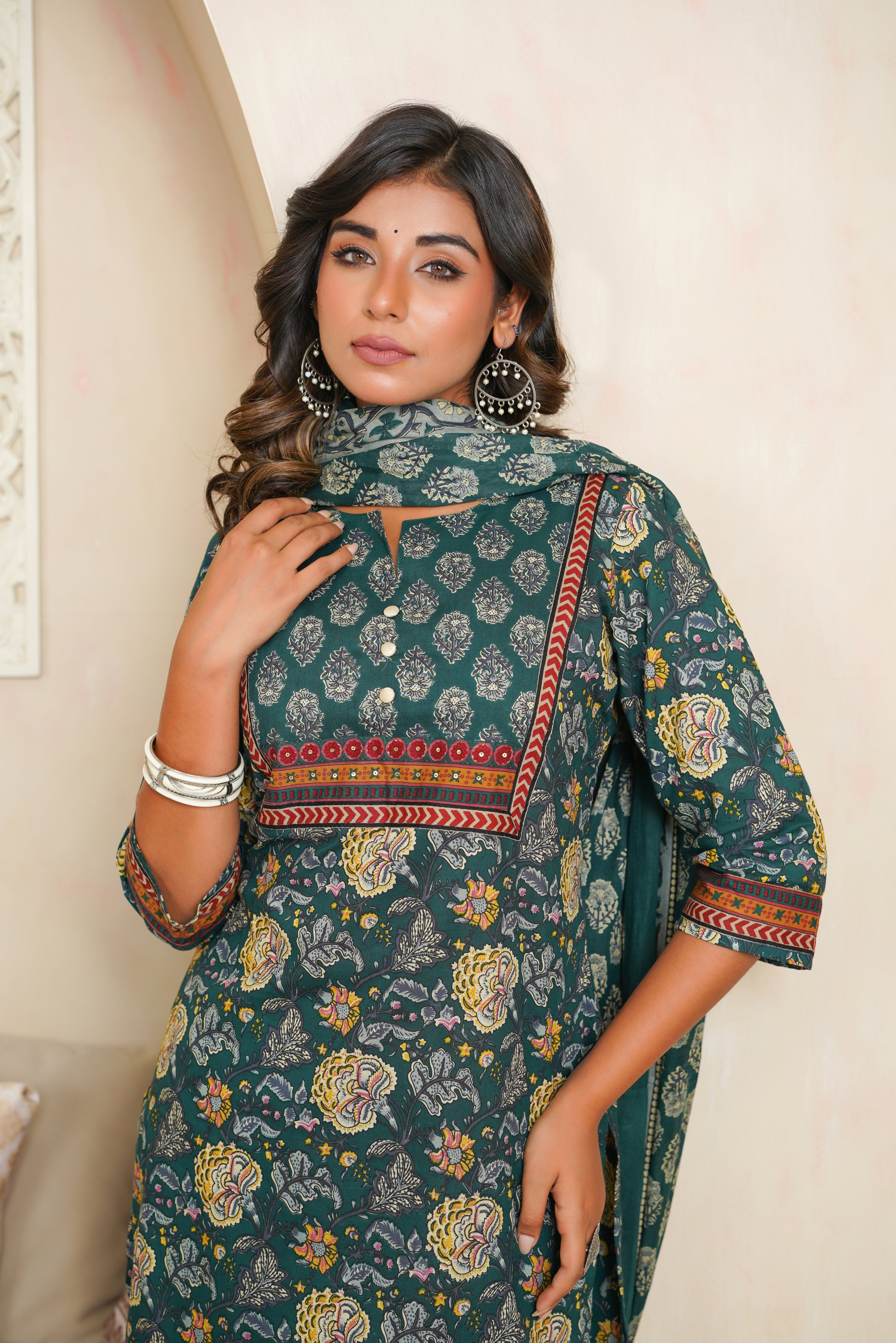 Green Floral Cotton Suit Set