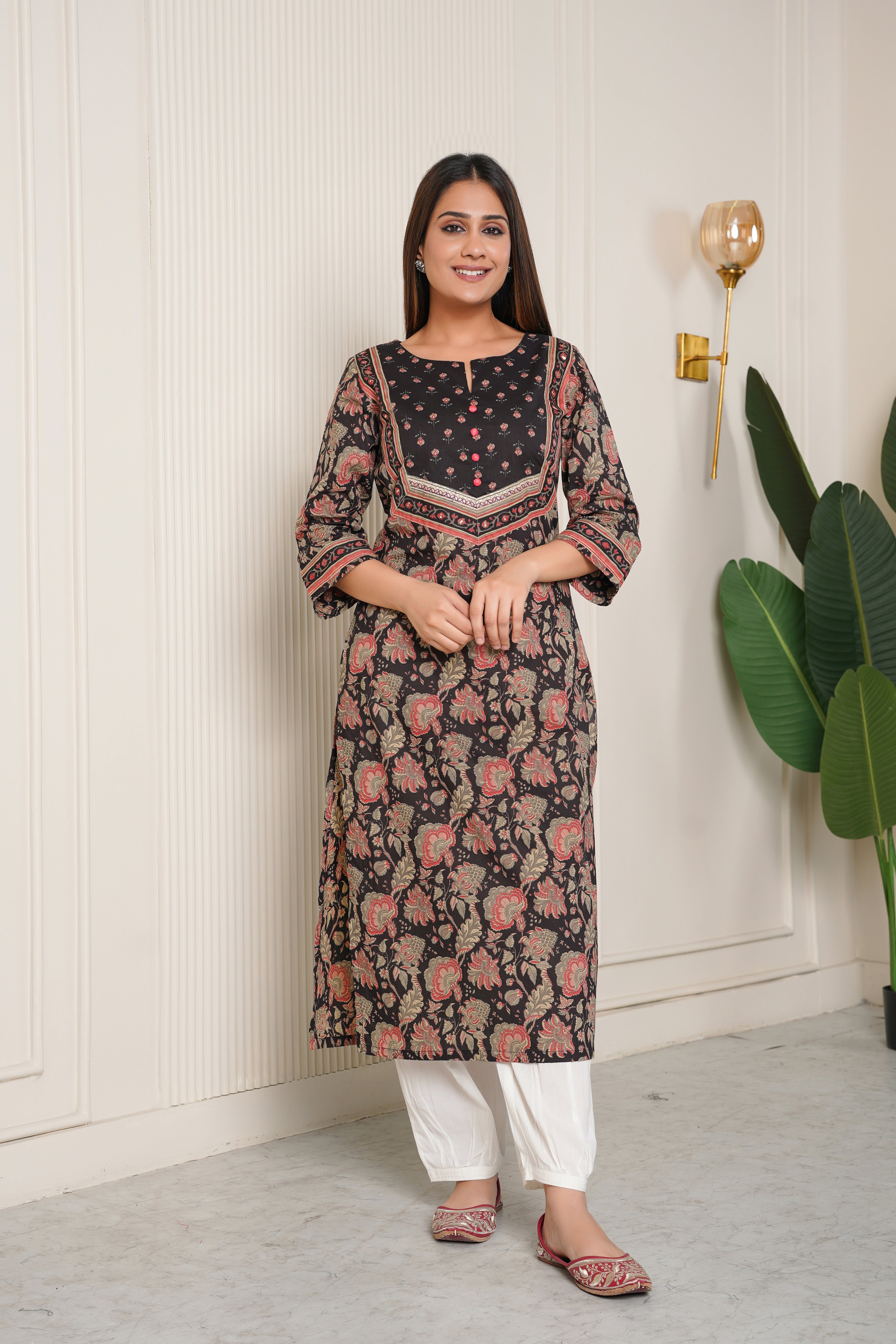 Black Floral Printed Cotton Kurta