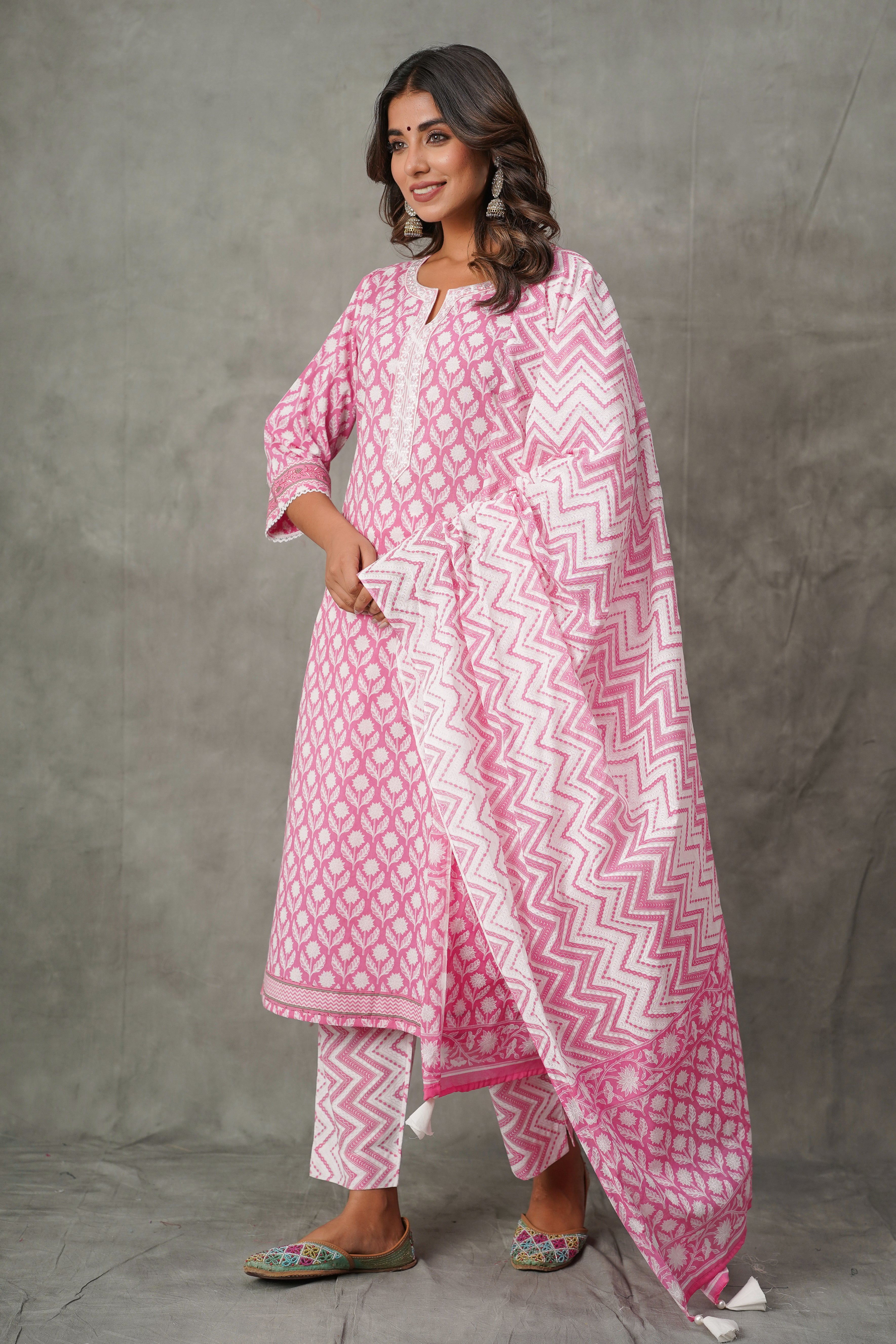 Pink Floral Cotton Suit Set