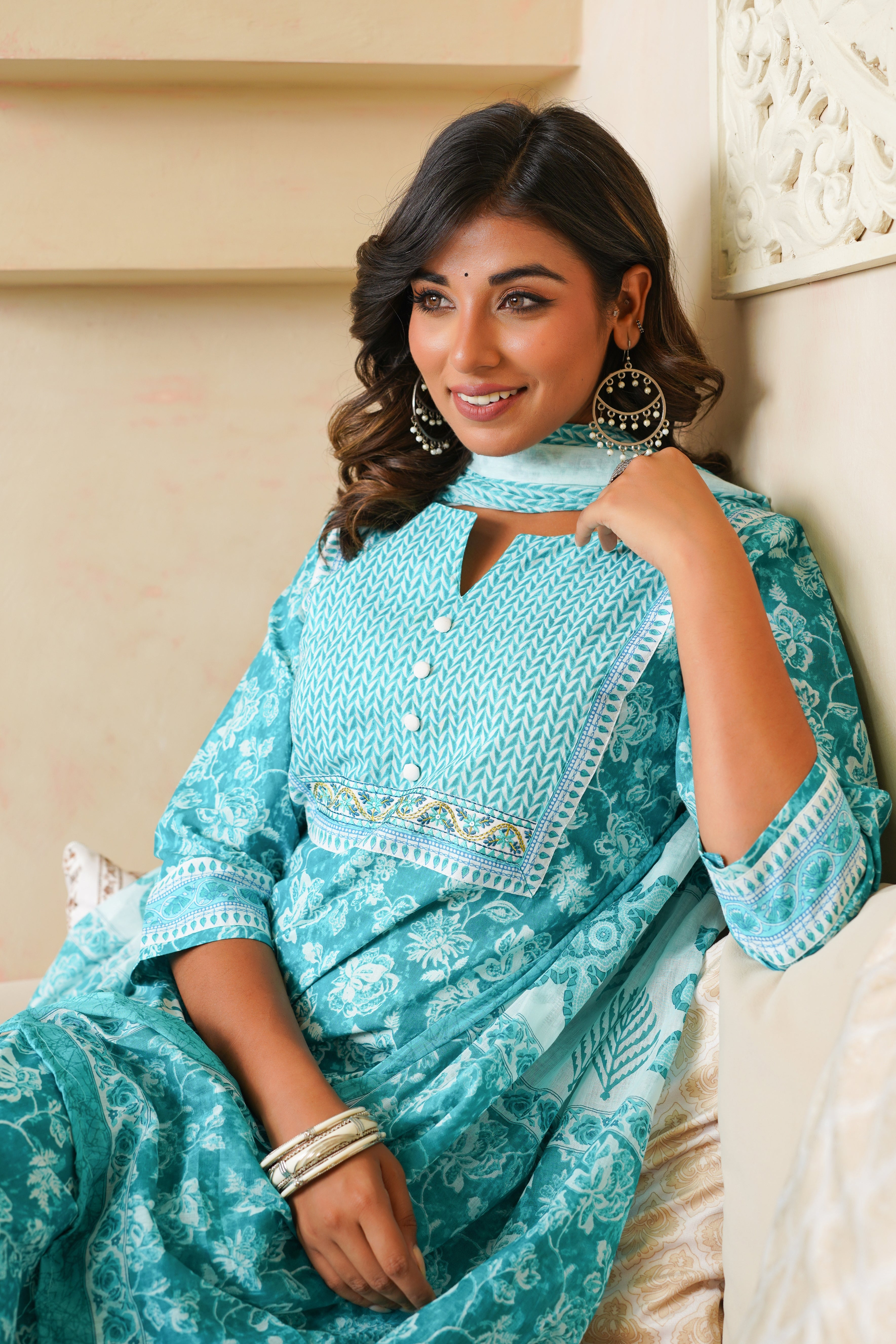 Turquoise Floral Cotton Suit Set