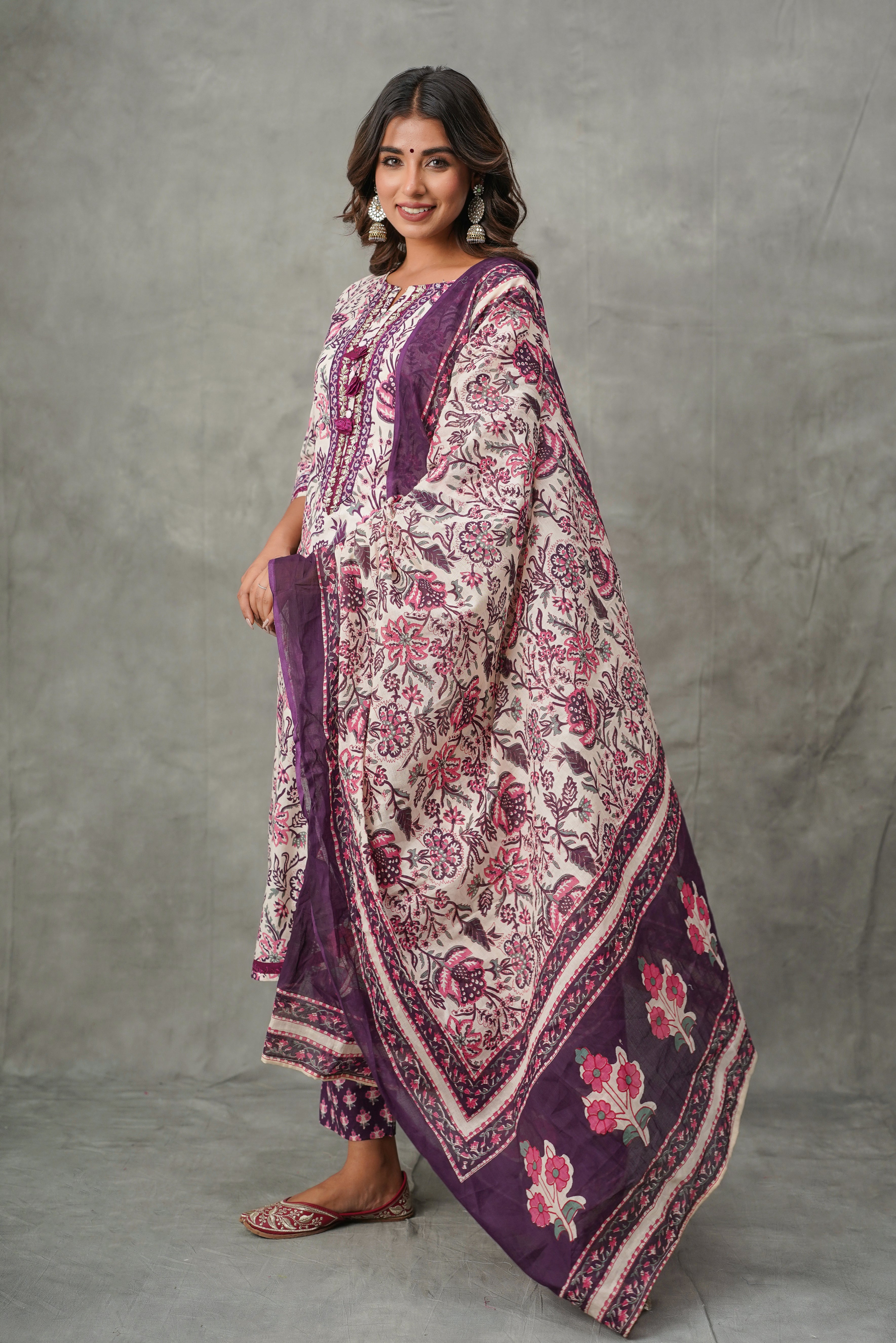 Purple Floral Cotton Suit Set