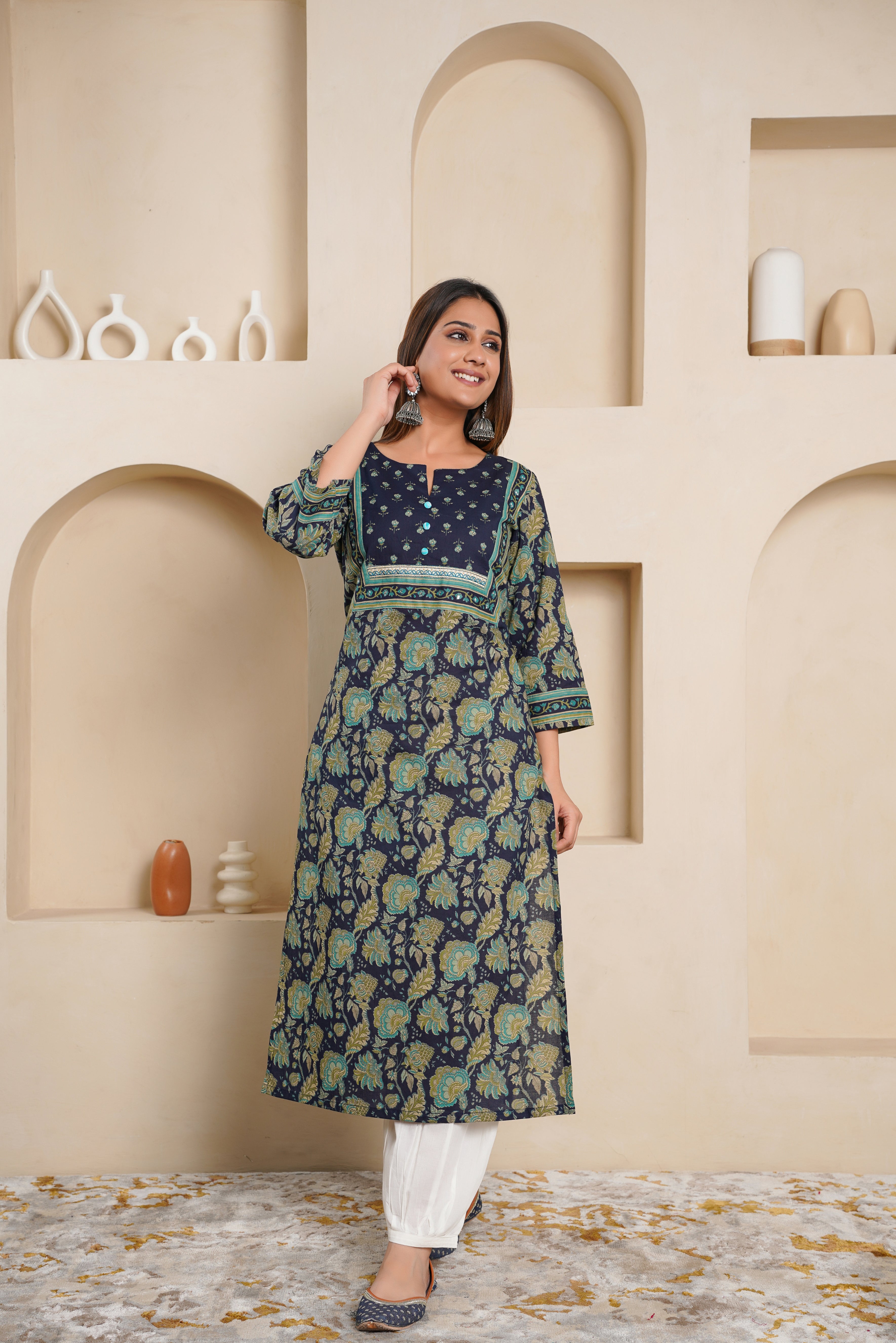 Blue Floral Printed Cotton Kurta