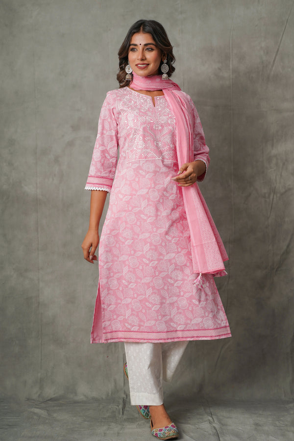 Embroidered Pink Floral Cotton Suit Set