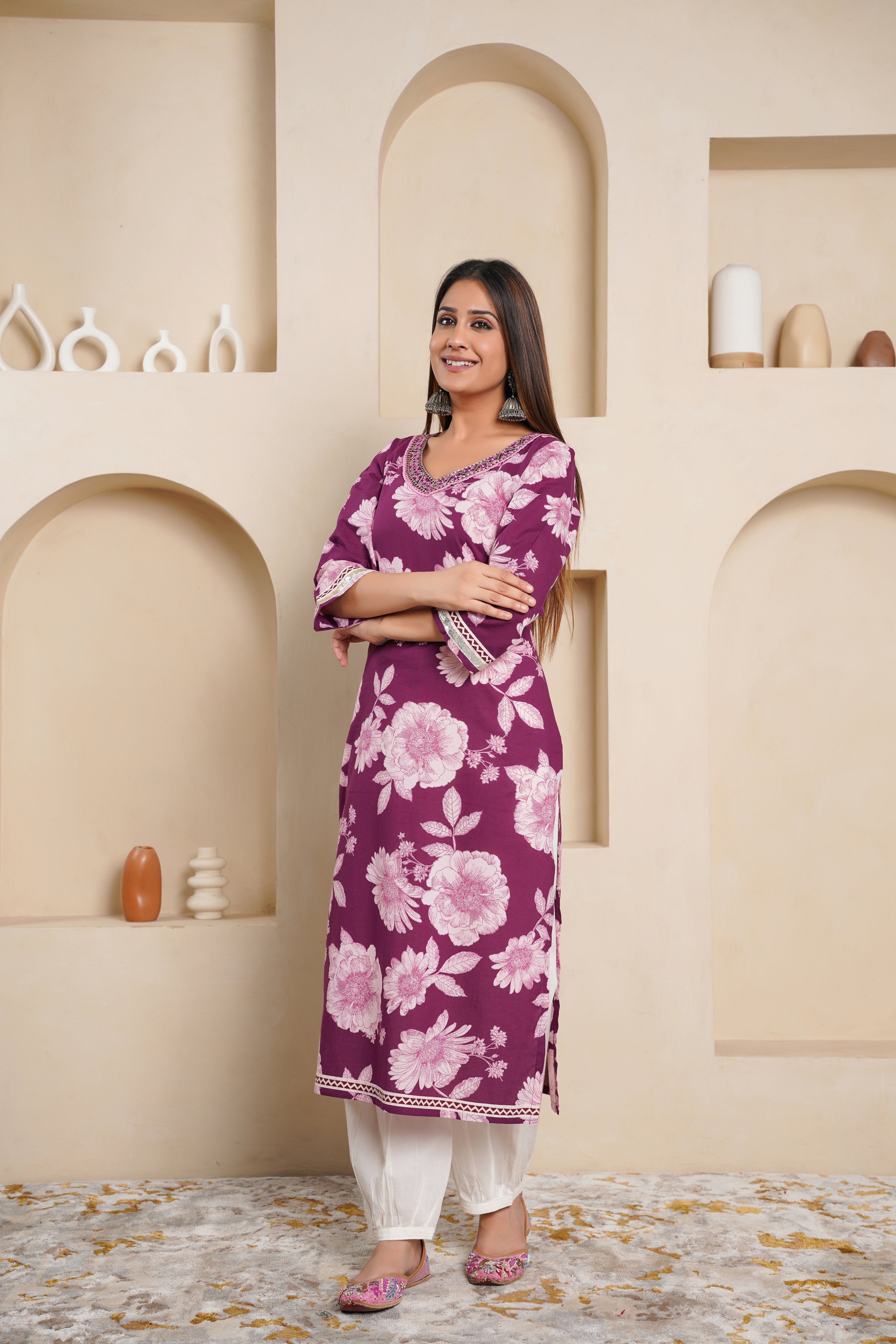 Purple Embroidered Floral Printed Cotton Kurta