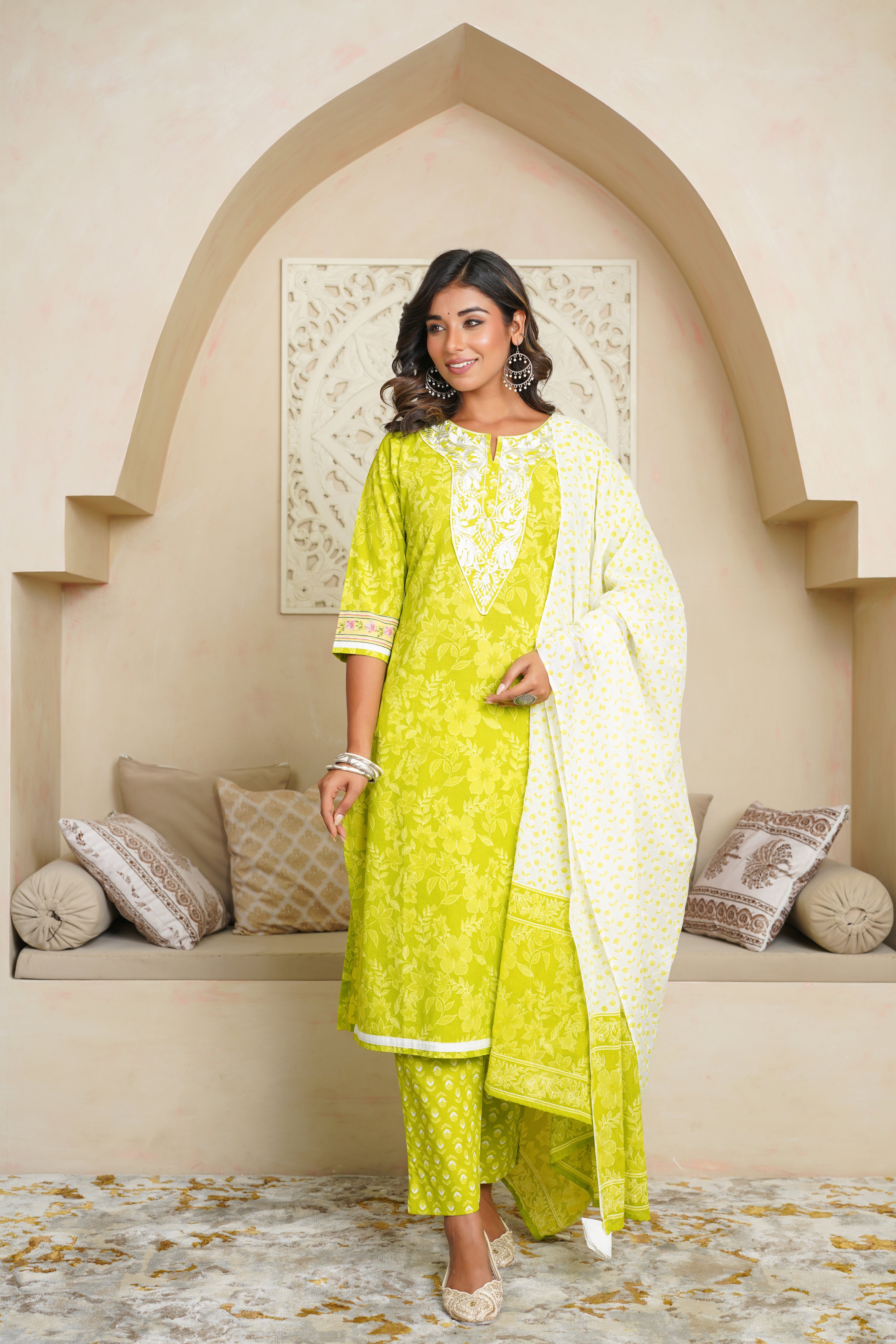 Green Floral Cotton Suit Set