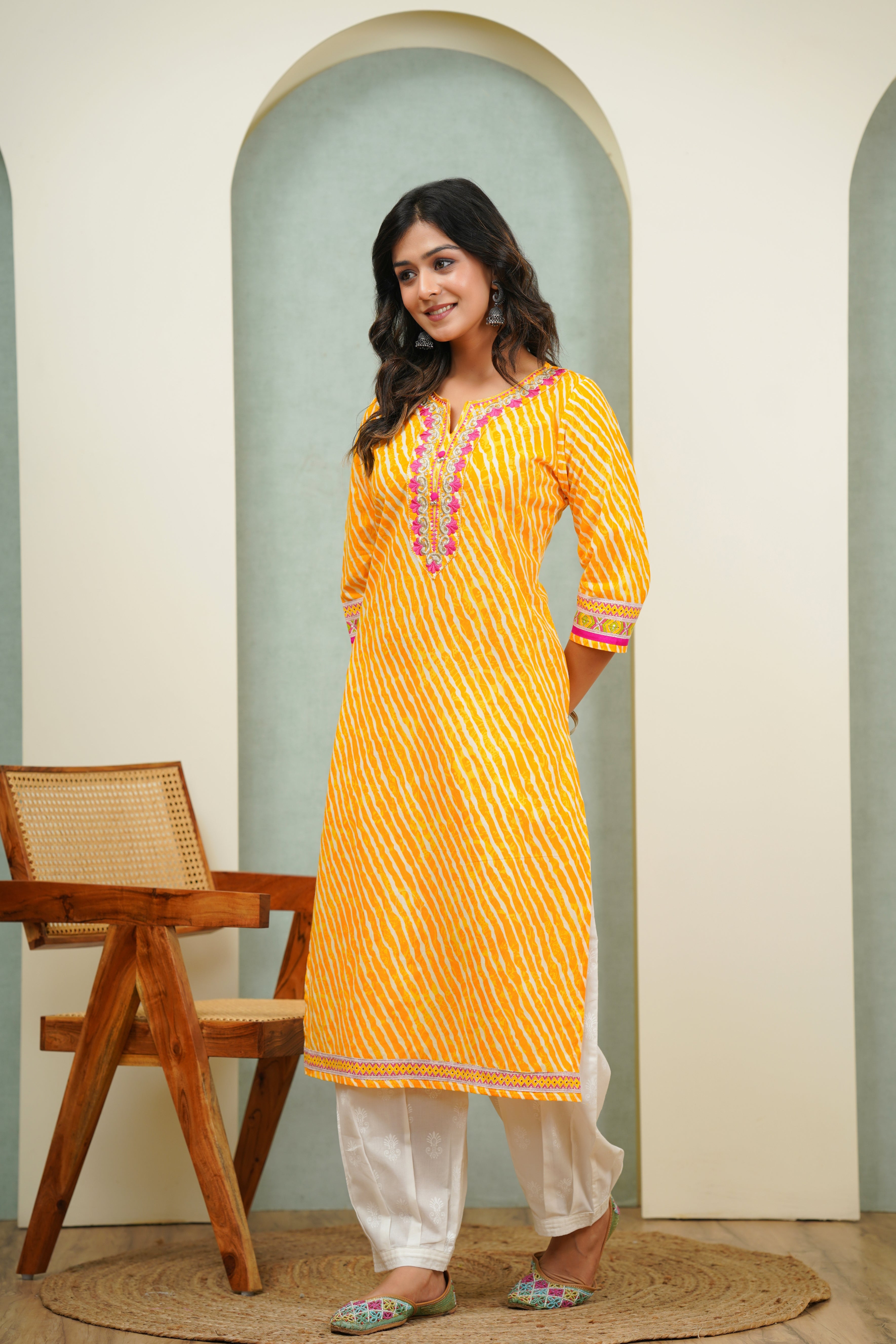 Embroidered Yellow Leheriya Cotton Kurta