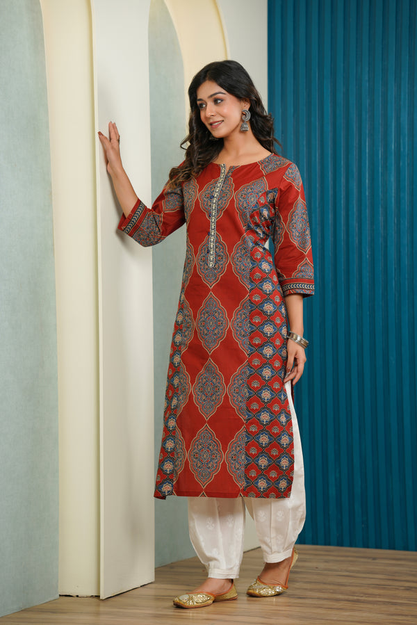 Maroon Motif Printed Cotton Kurta