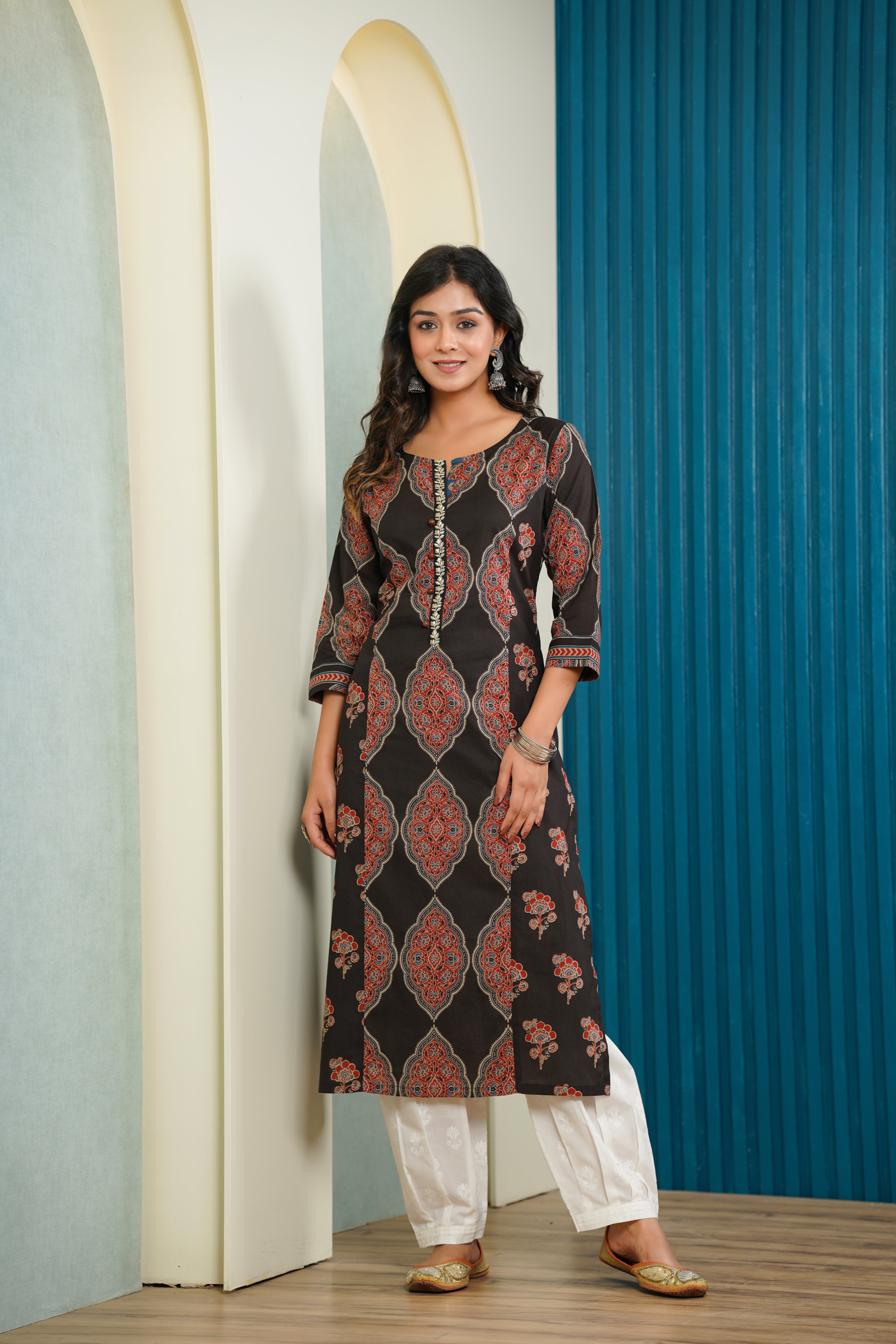 Black Motif Printed Cotton Kurta