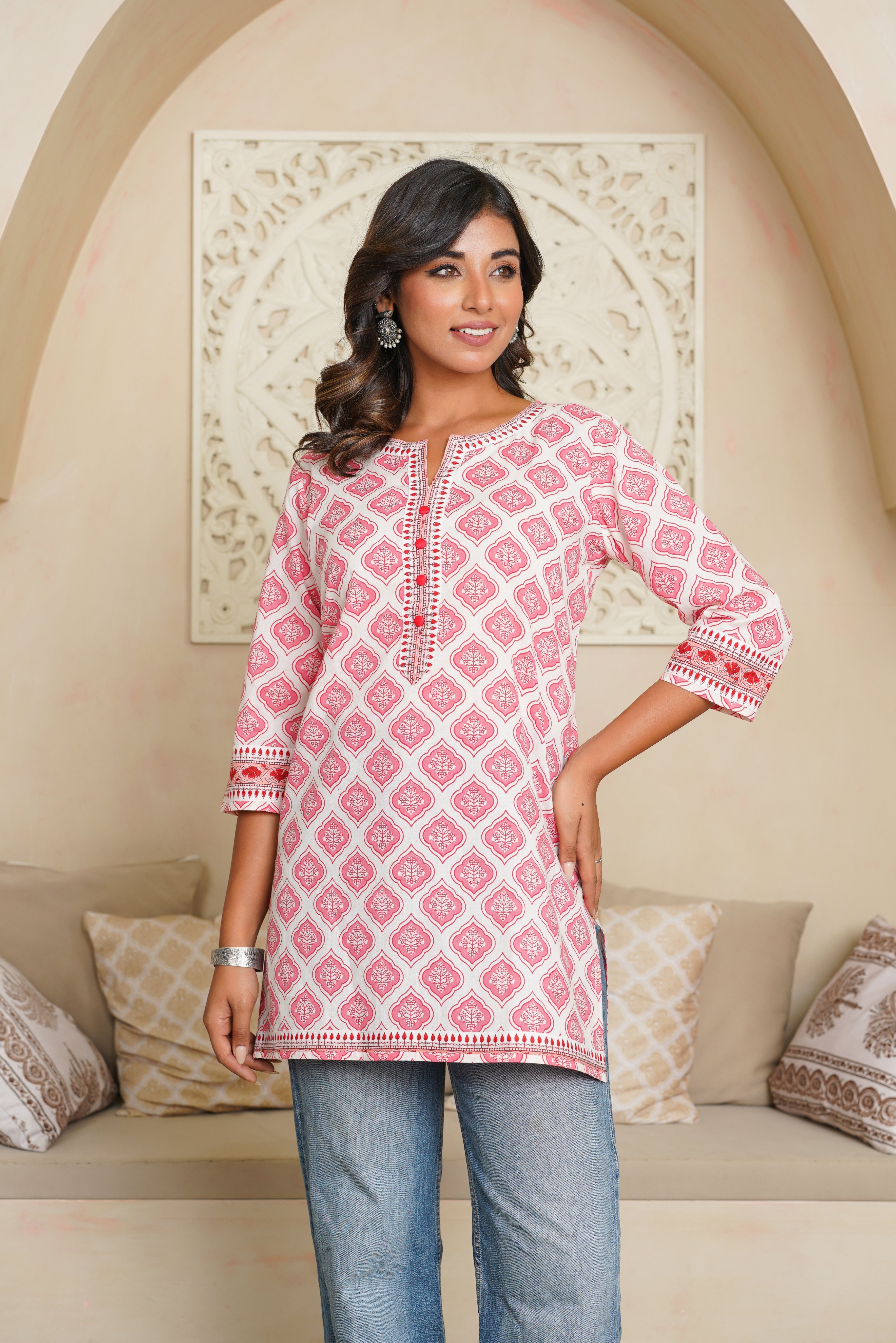 Pink Motif Printed Cotton Kurti