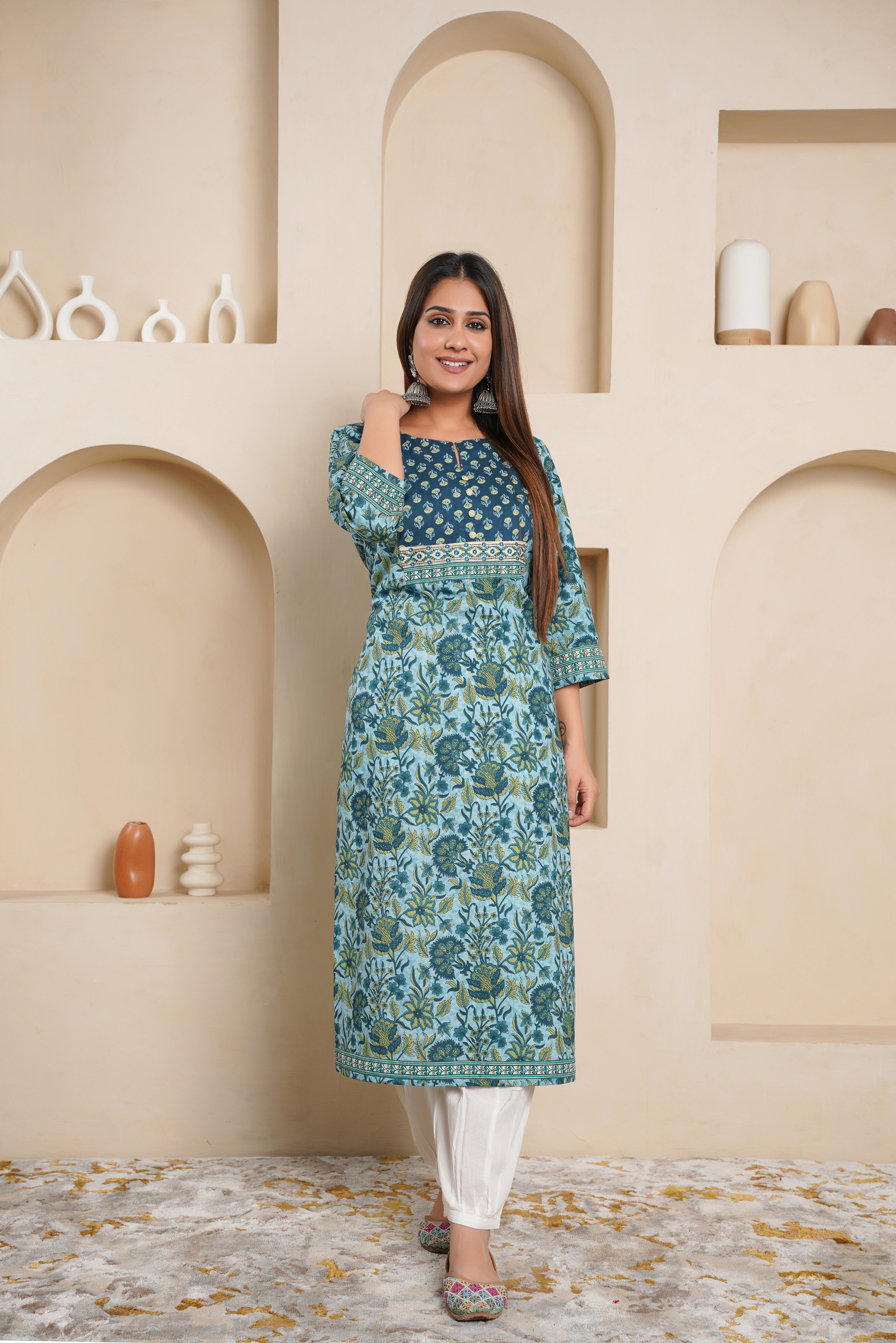 Teal Floral Printed Cotton Kurta