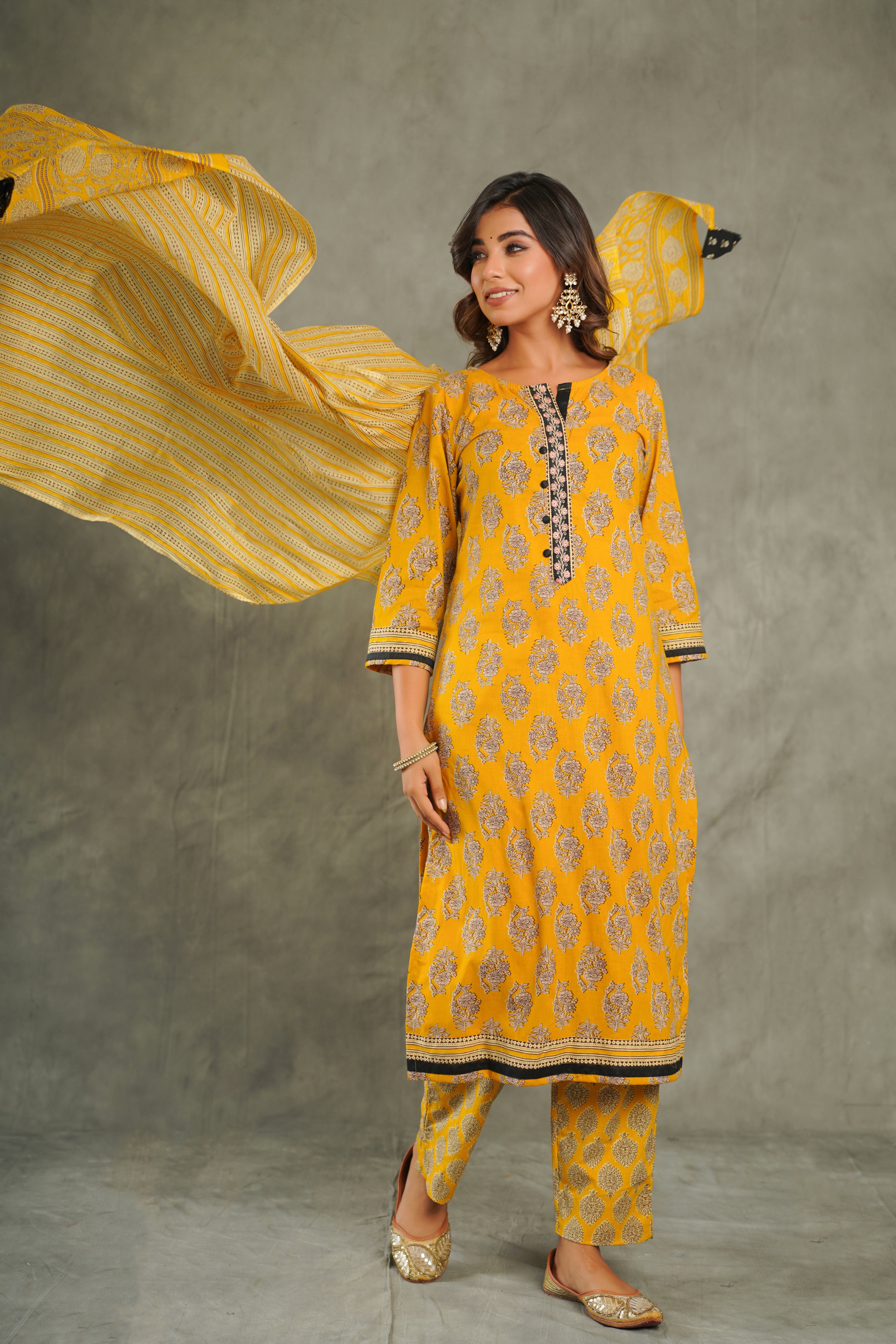 Mustard Motif Cotton Suit Set