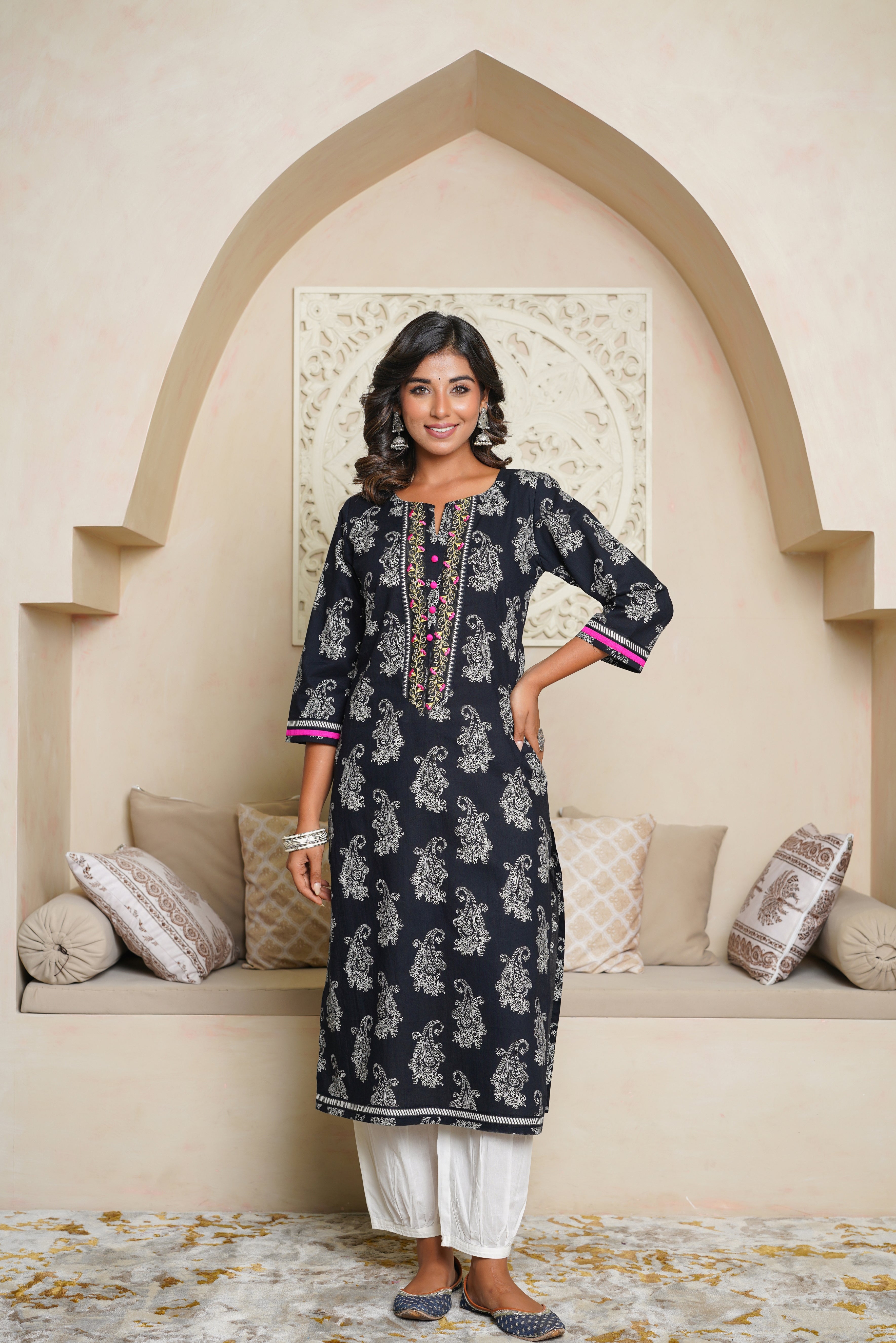 Black Motif Printed Cotton Kurta