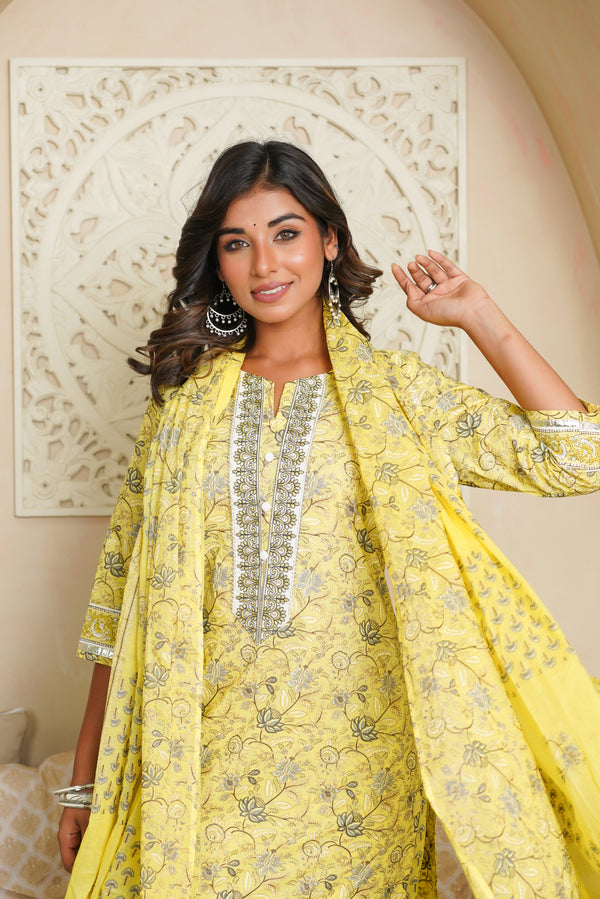 Yellow Floral Cotton Suit Set