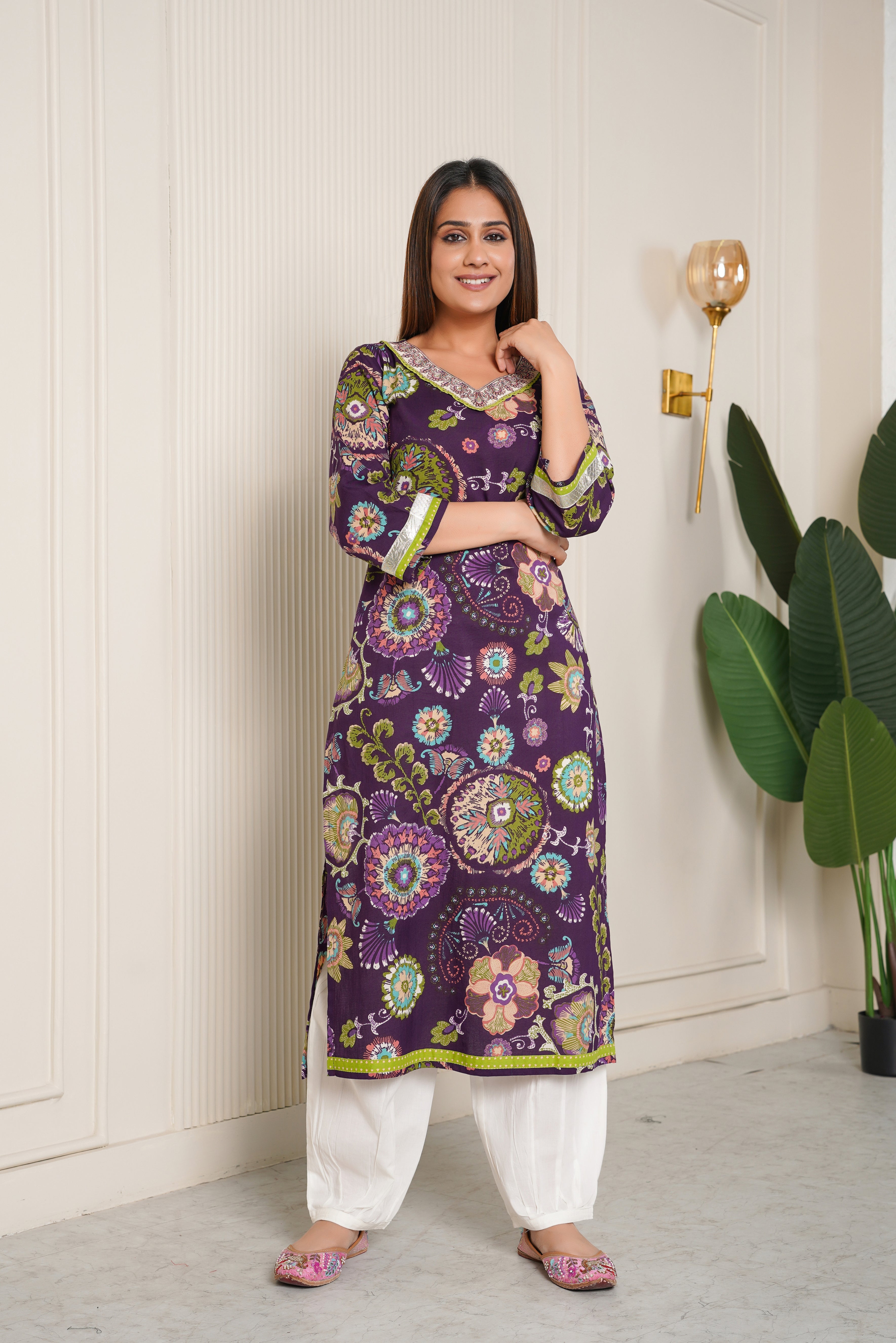 Violet Embroidered Floral Printed Cotton Kurta