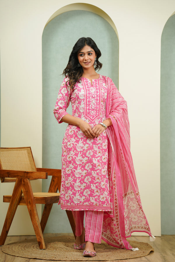 Pink Floral Cotton Suit Set