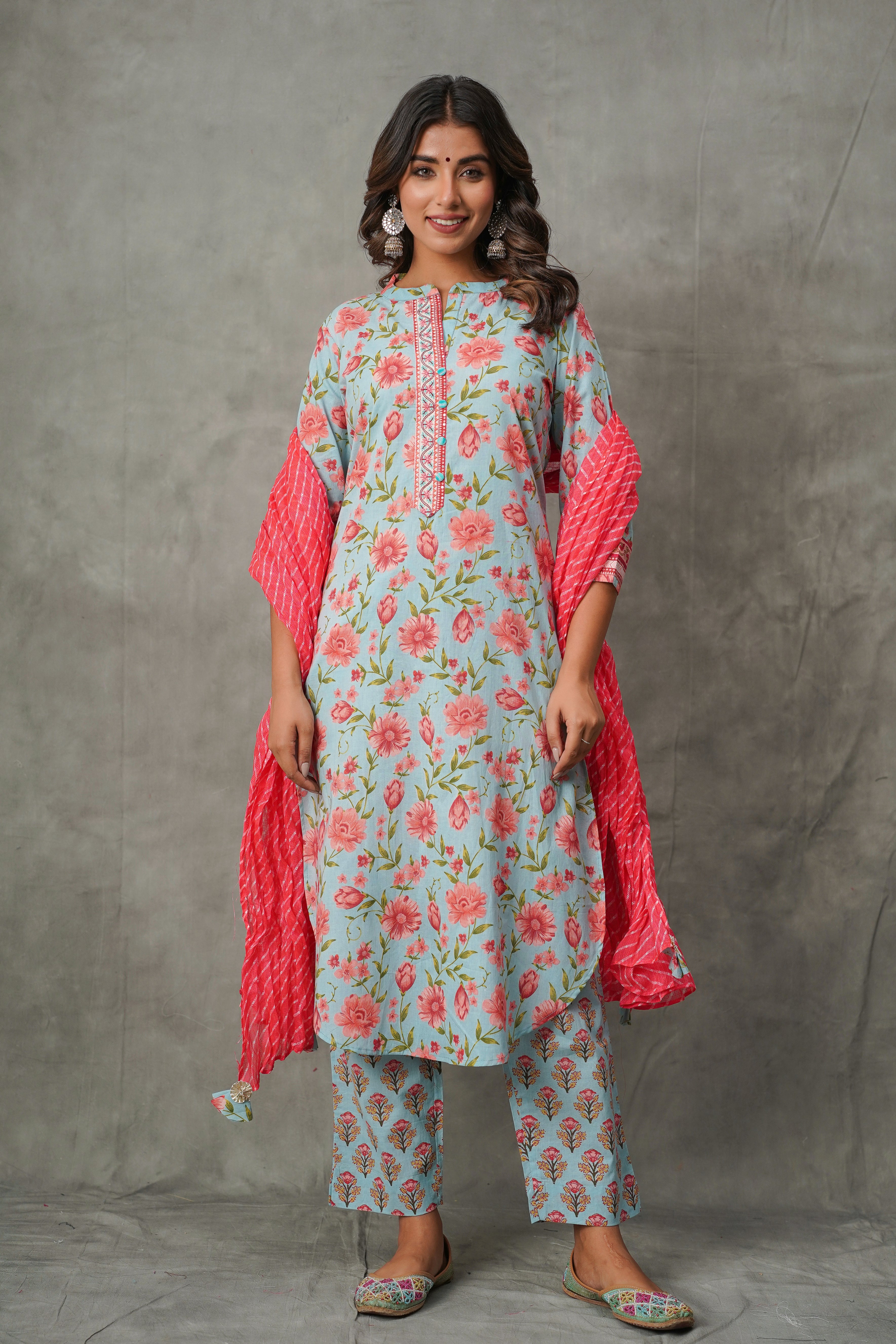 Blue Floral Cotton Suit Set