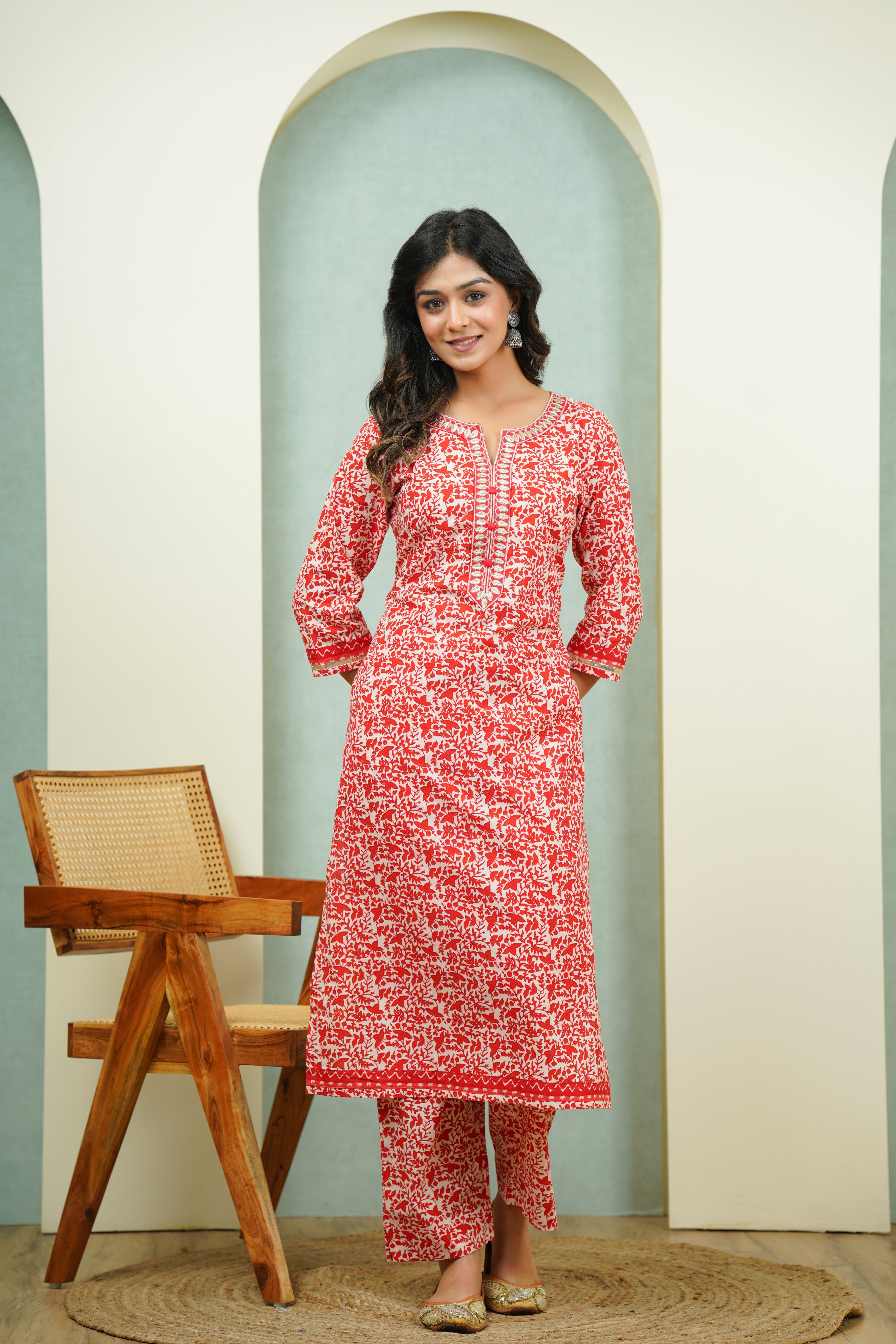 Red Floral Cotton Suit Set