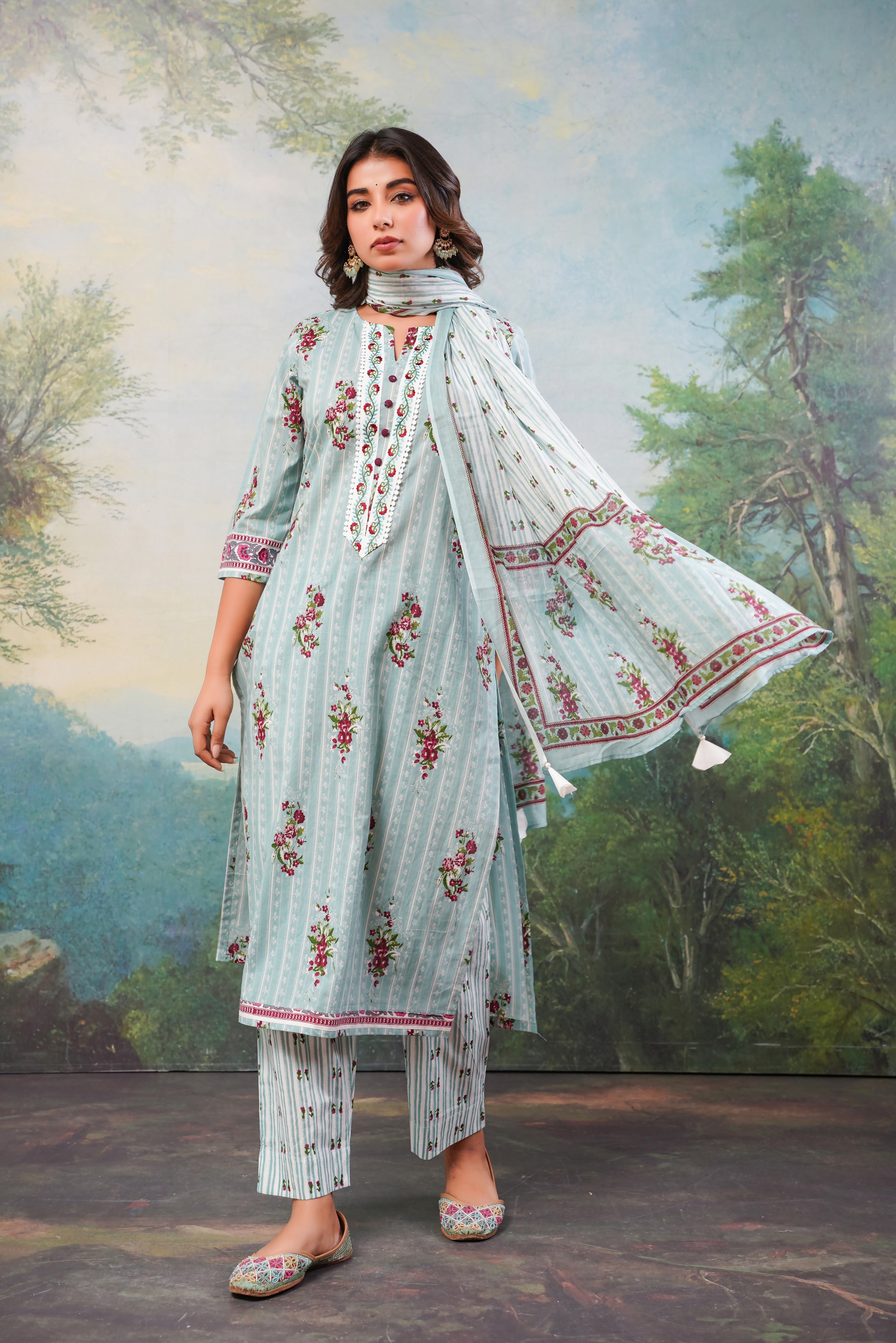 Blue Stripes  Printed Cotton Suit Set