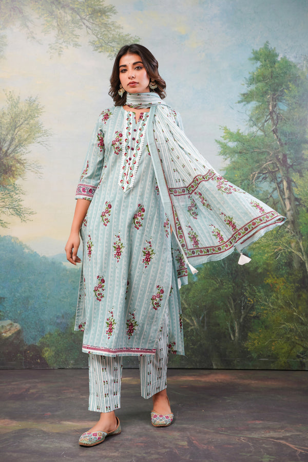 Blue Stripes  Printed Cotton Suit Set