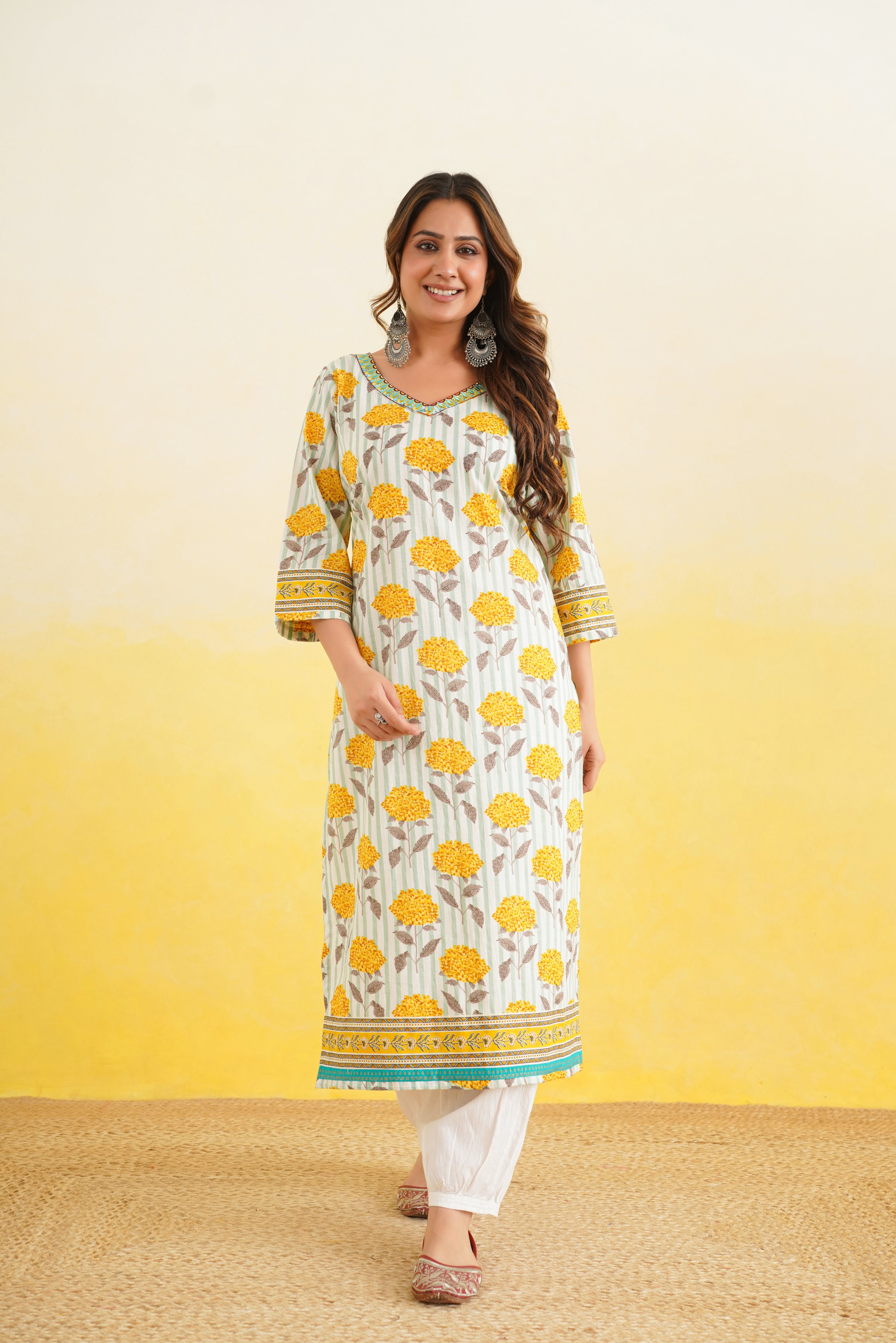Yellow Floral Printed Cotton Kurta