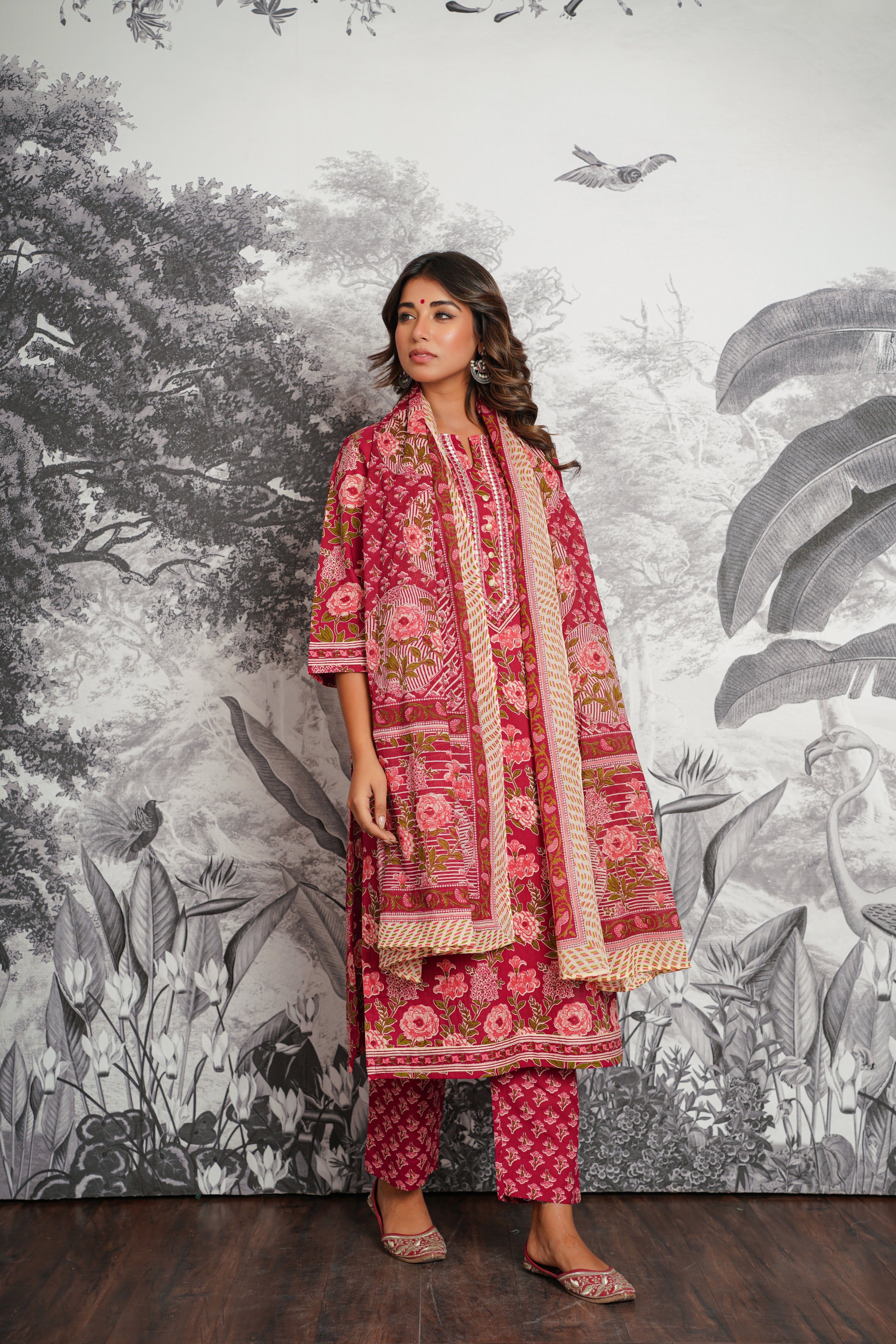 Maroon Floral Printed Cotton Suit Set