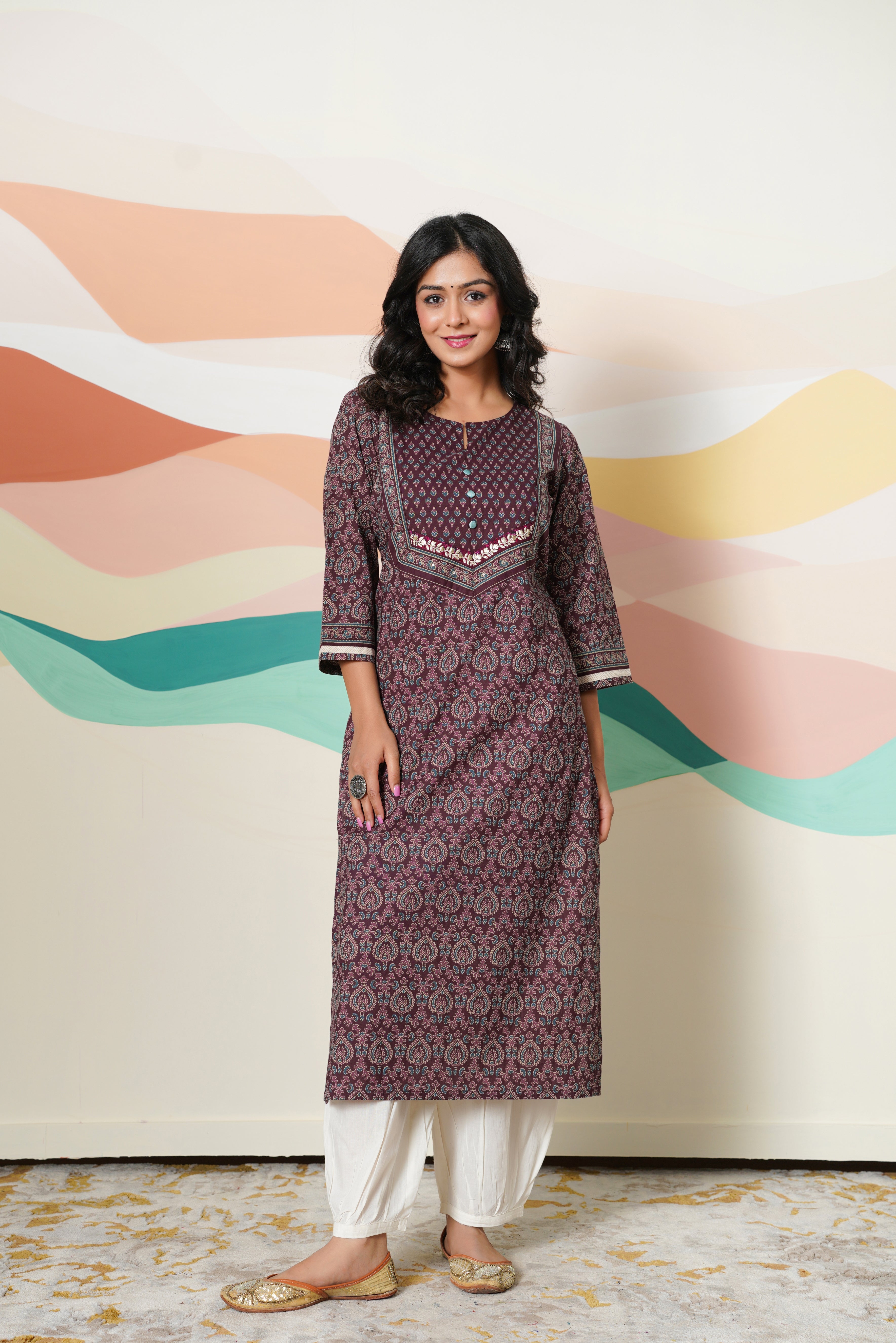 Wine Motif Printed Cotton Kurta
