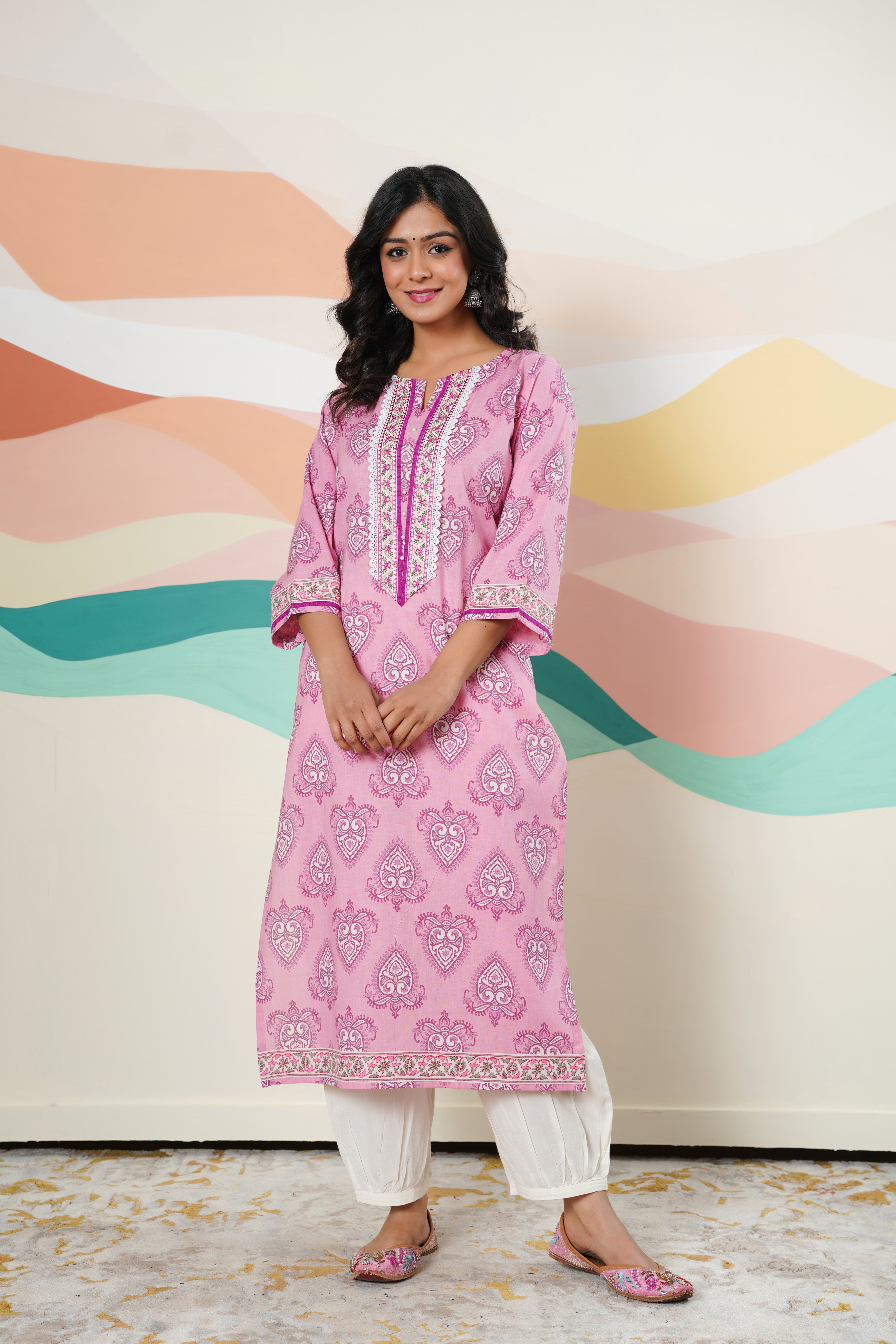 Pink Motif Printed Cotton Kurta