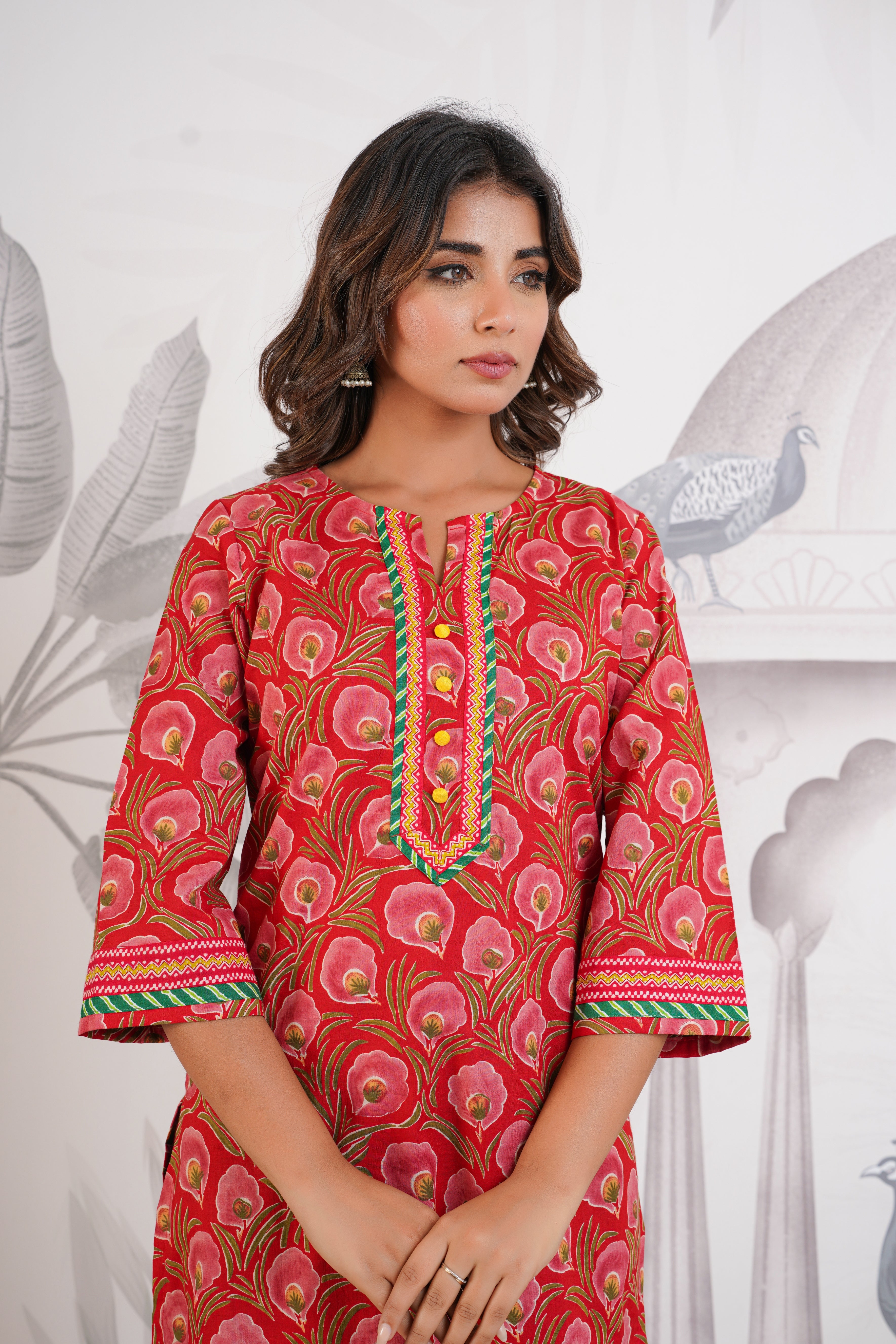 Red Floral Printed Cotton Kurti
