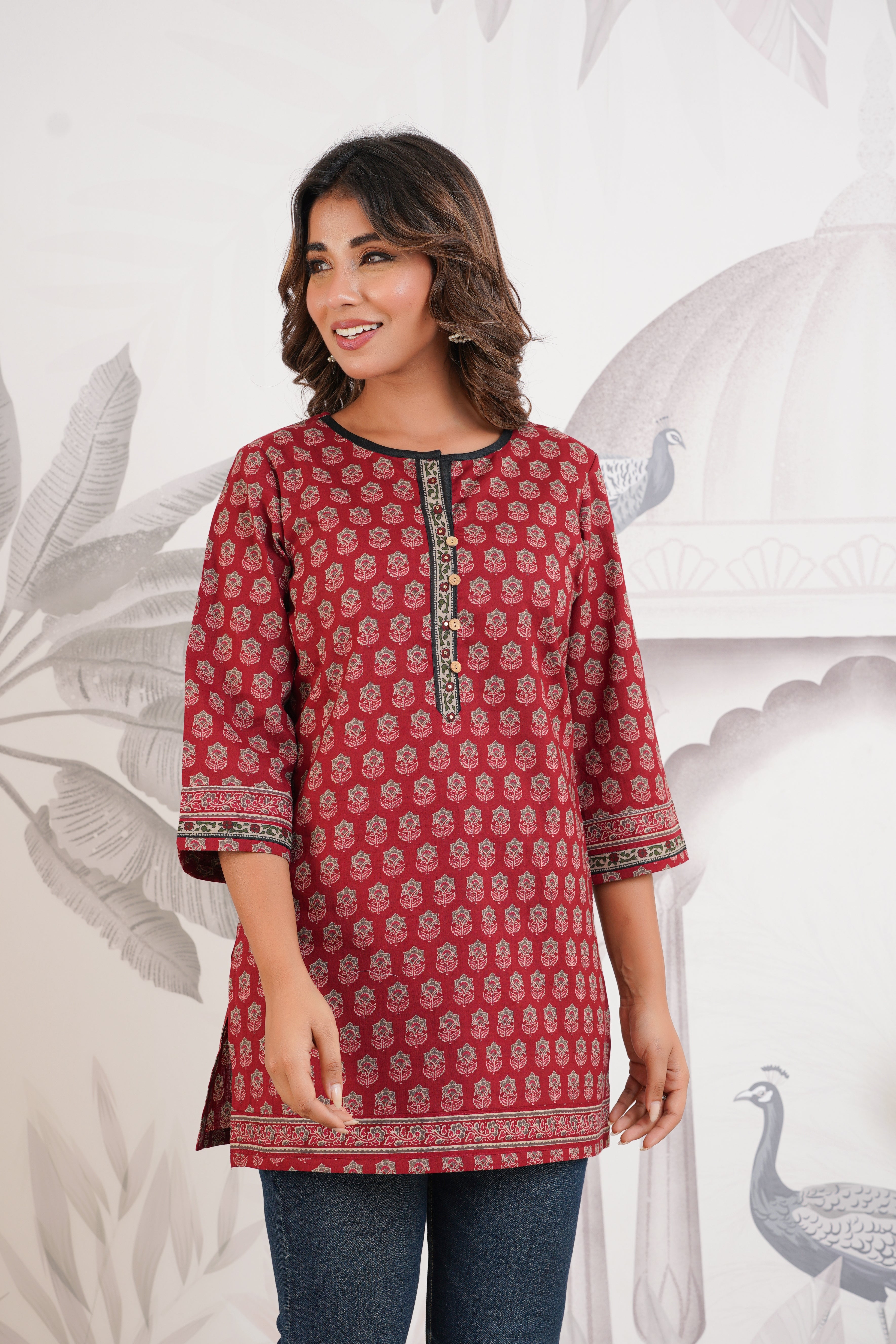Maroon Motif Printed Cotton Kurti