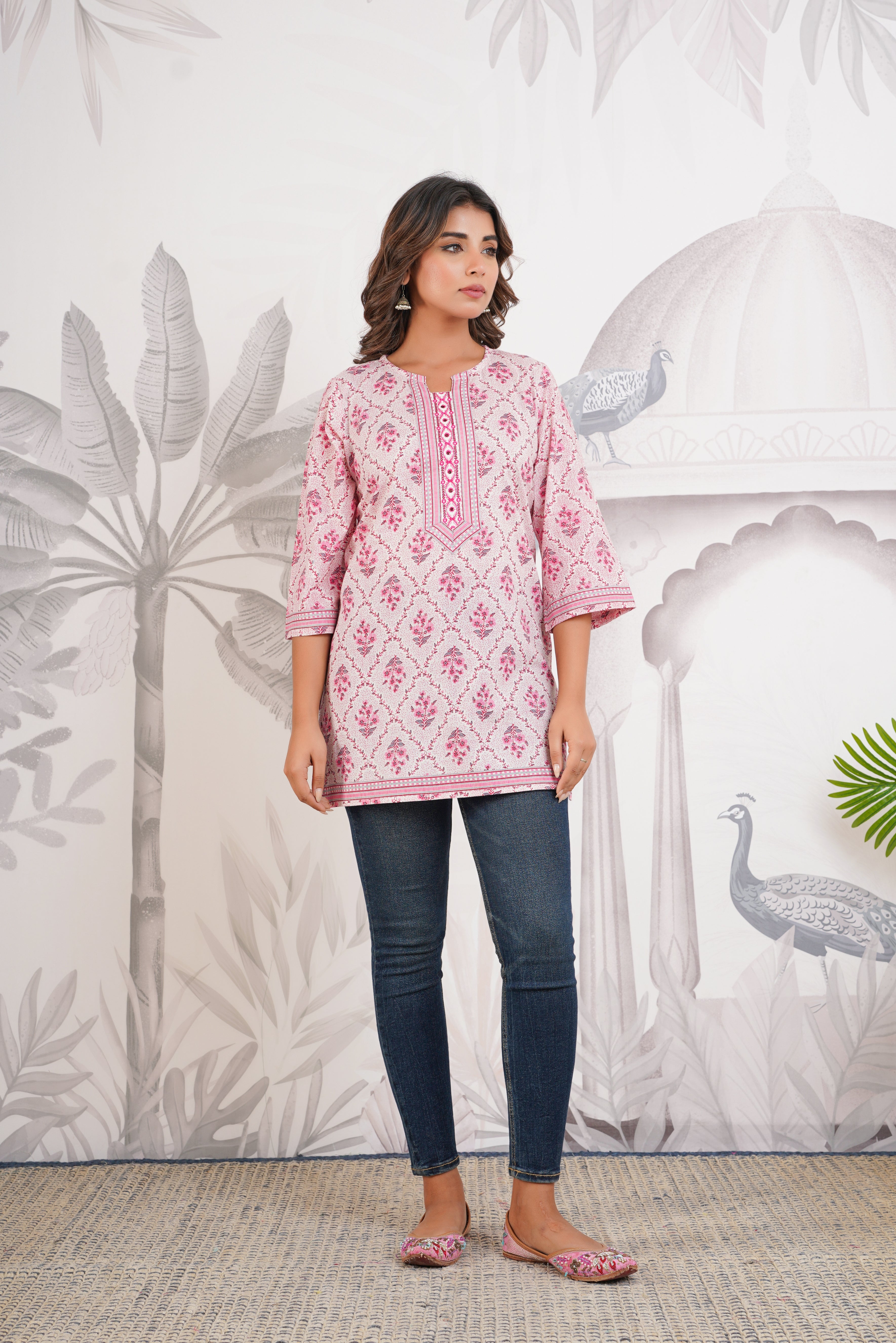 Pink Floral Printed Cotton Kurti