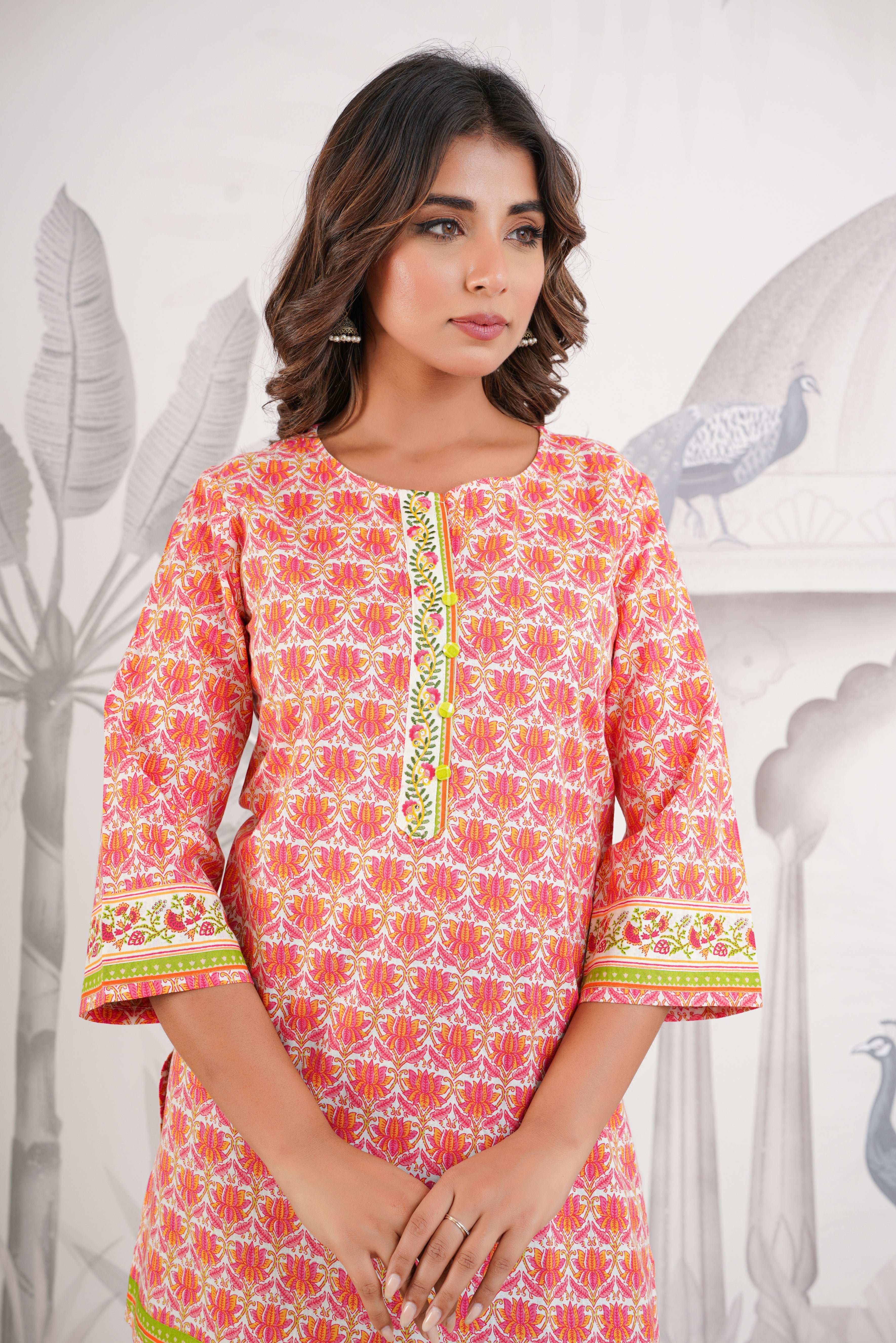 Orange Floral Printed Cotton Kurti