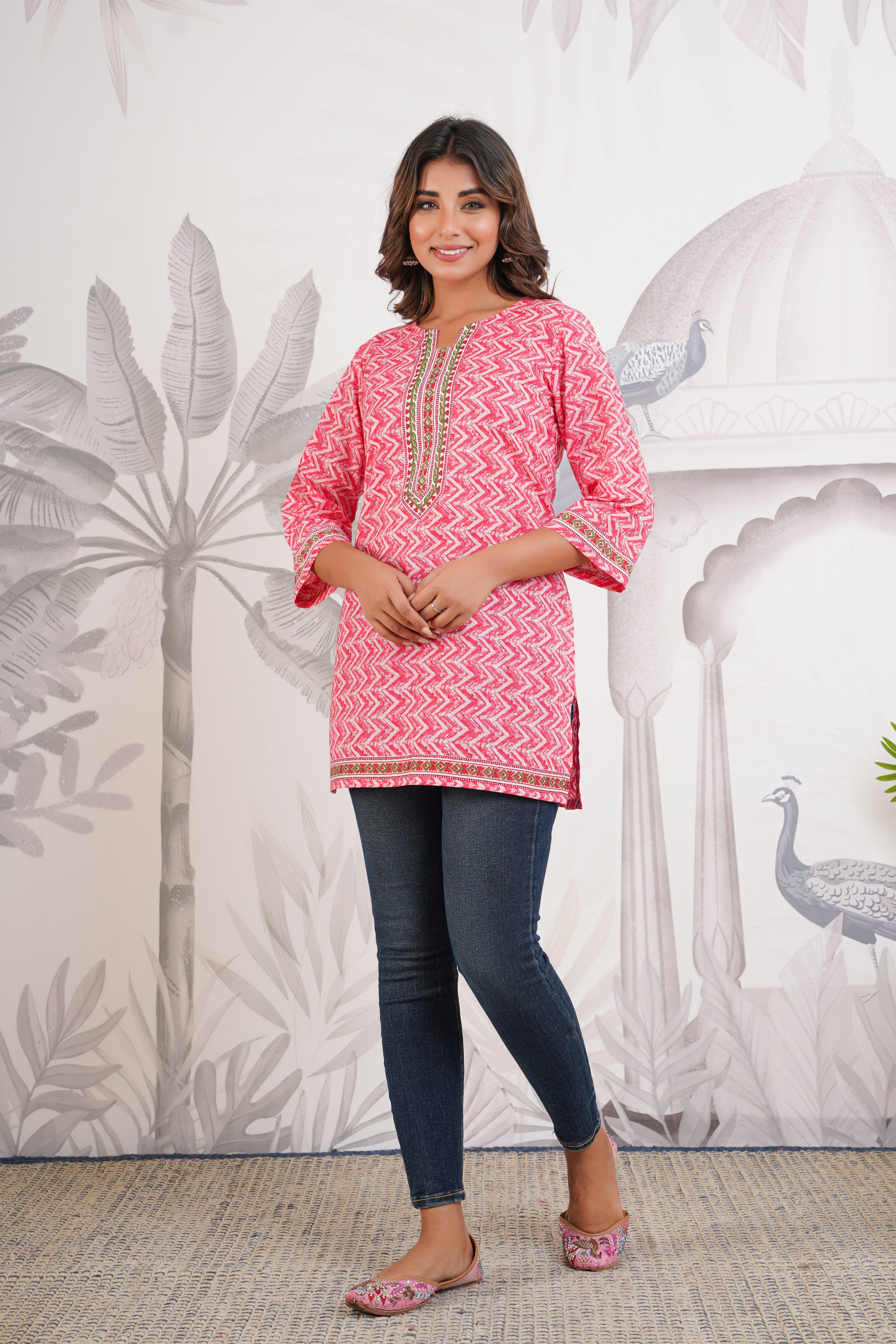 Pink Geometric Printed Cotton Kurti