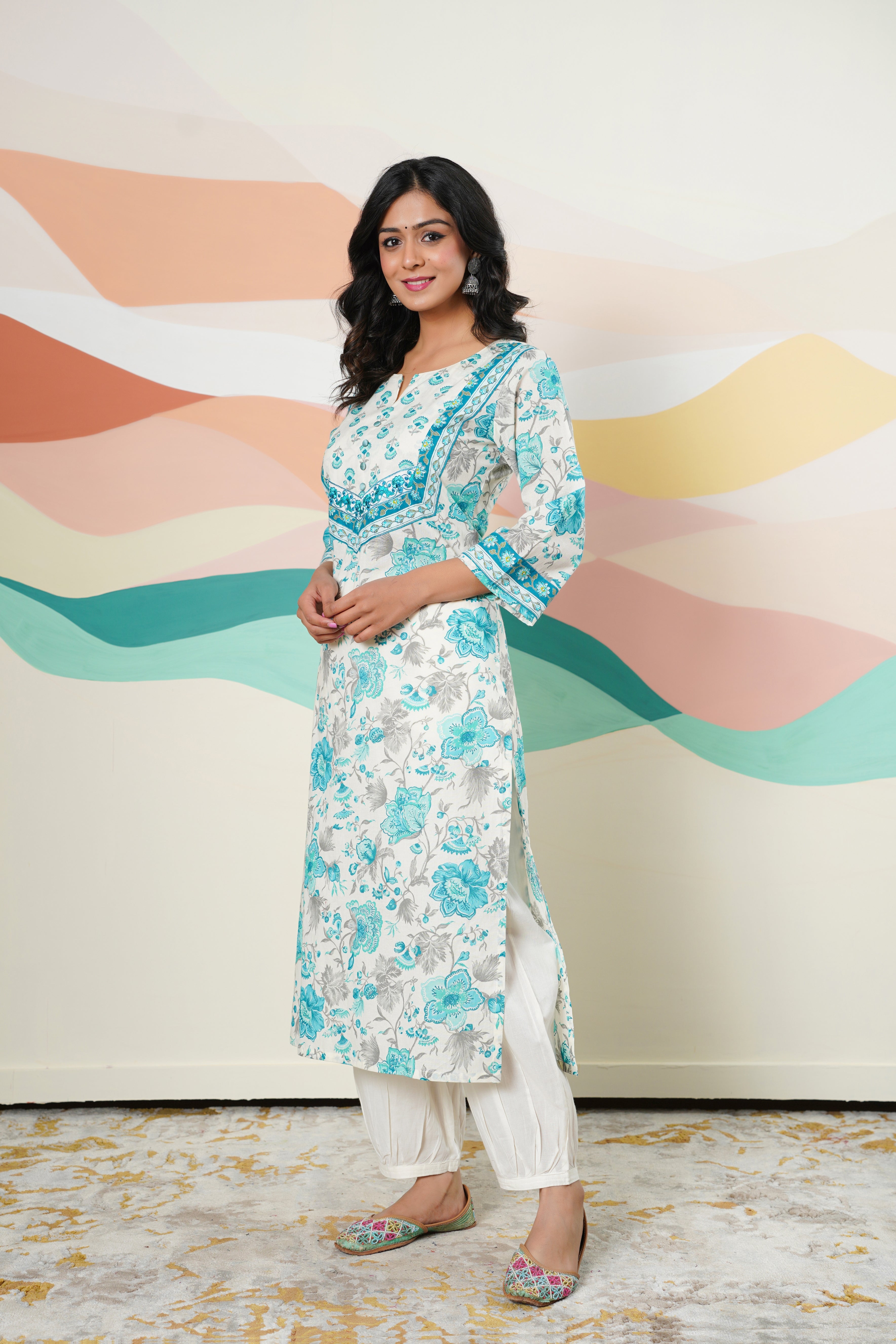 Turquoise Floral Printed Cotton Kurta