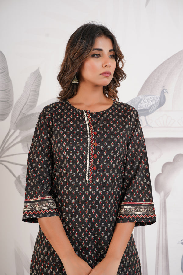 Black Motif Printed Cotton Kurti