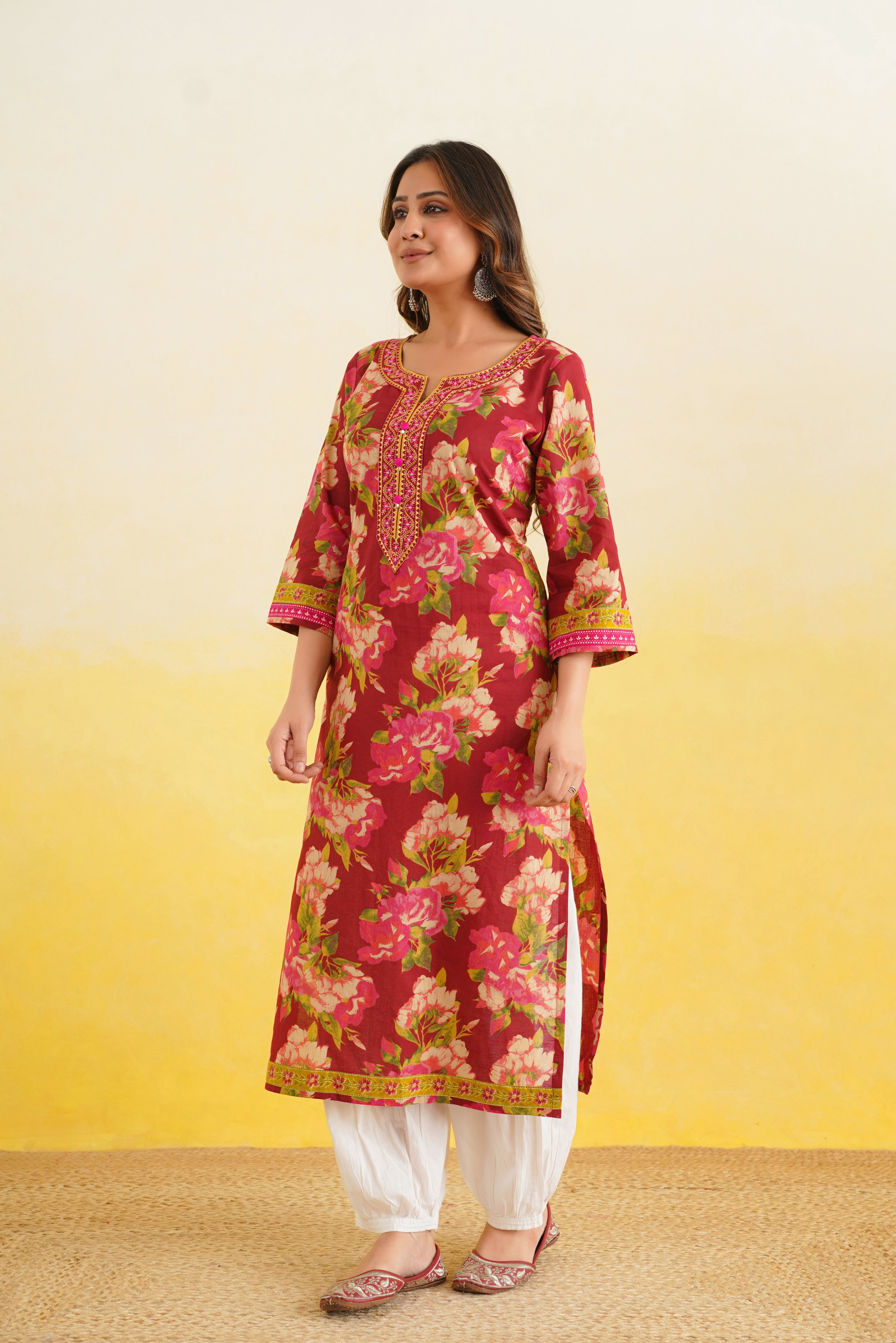 Maroon Floral Printed Cotton Kurta
