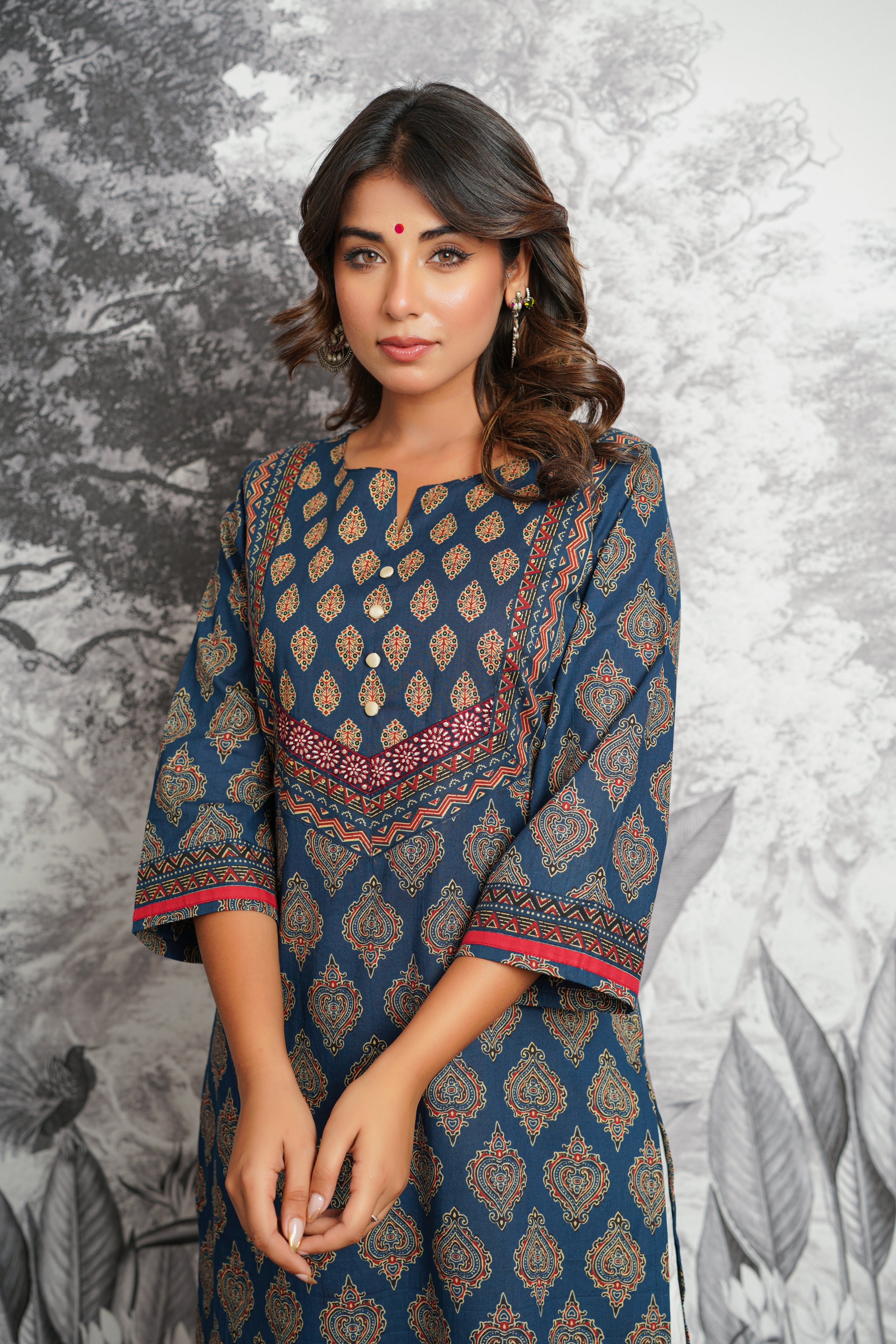 Blue Motif Printed Cotton Kurta