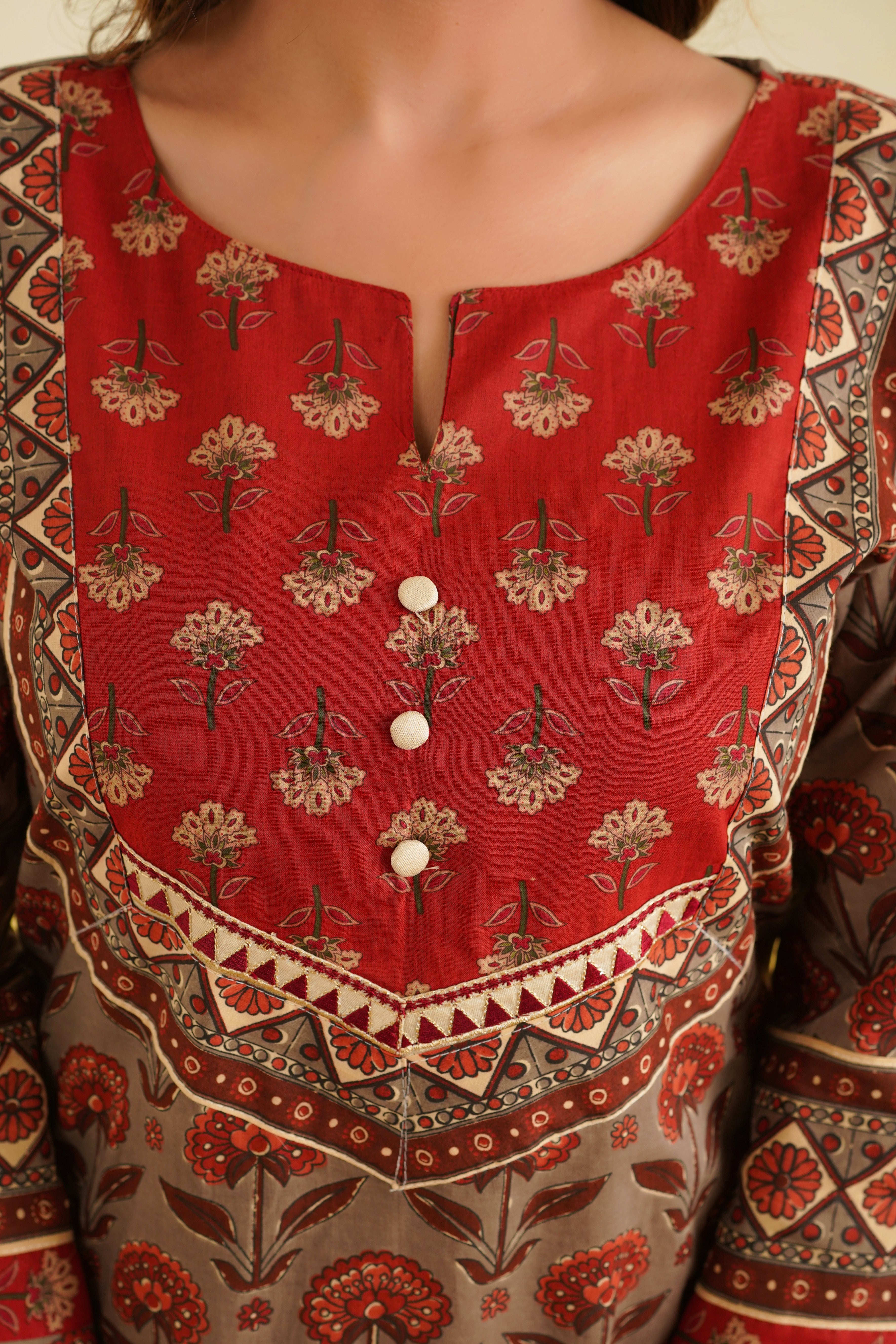 Coffee Floral Printed Cotton Kurta