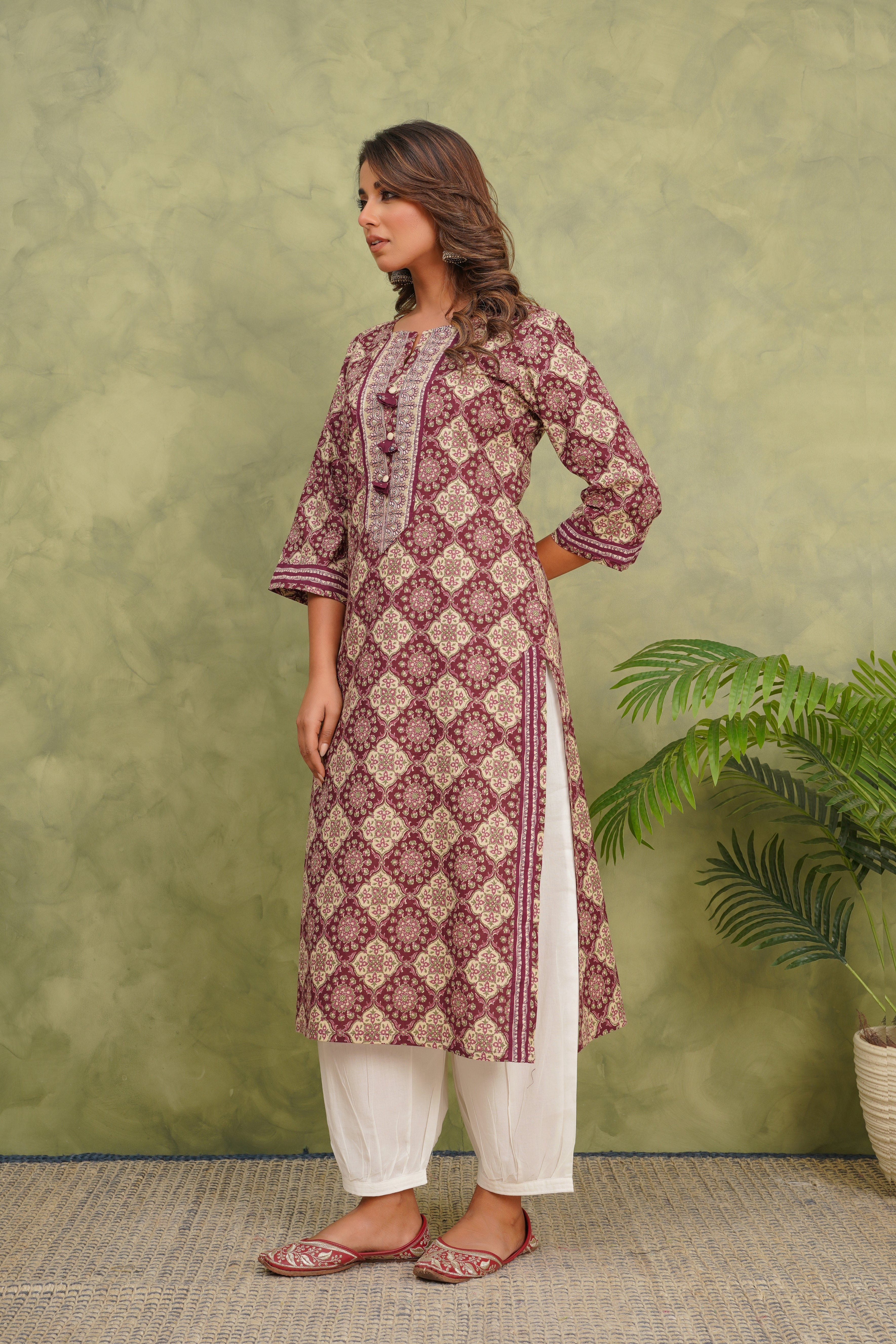 Wine Geometric Printed Cotton Kurta